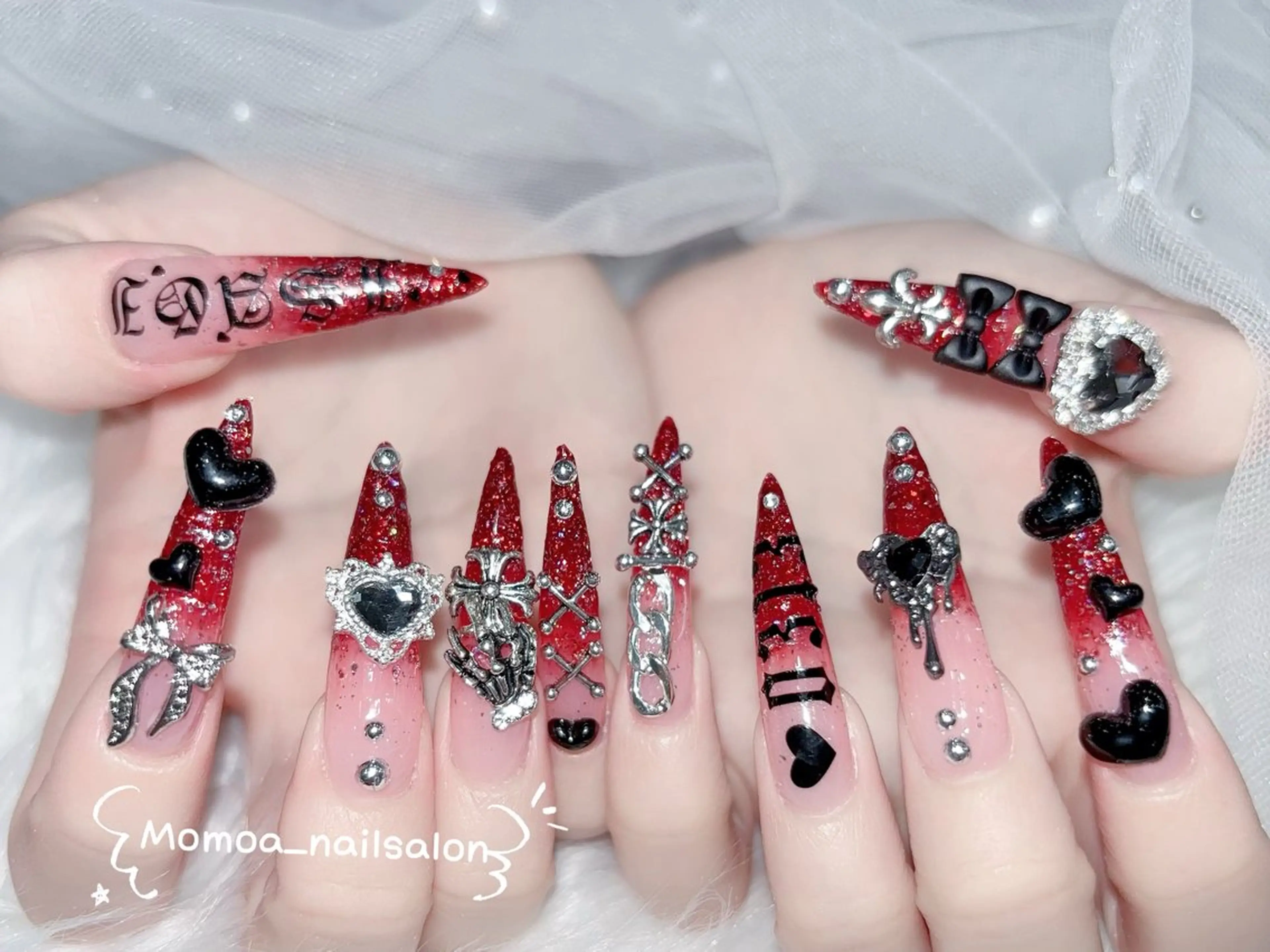 ネイル 成人式 ロングネイル マグネットネイル 大理石ネイル(マーブル) 持ち込み ハンドネイル MoMoA Nail ネイル長さ出し専門店のネイルデザイン