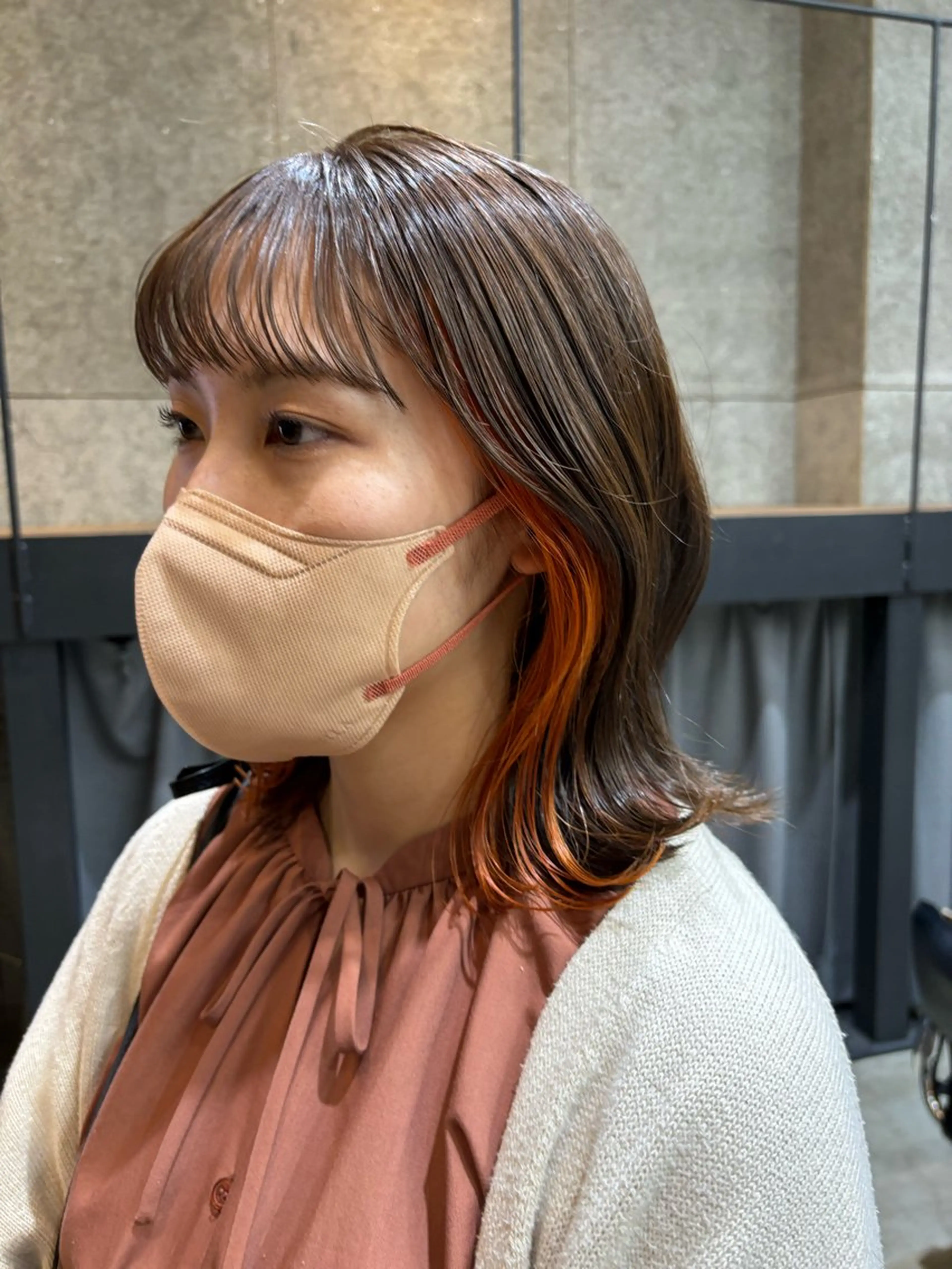 ミディアム カラー ヘアアレンジ オレンジ カット ヘアカラー トリートメント ヘッドスパ ヘアセット 押切 響　のヘアスタイル