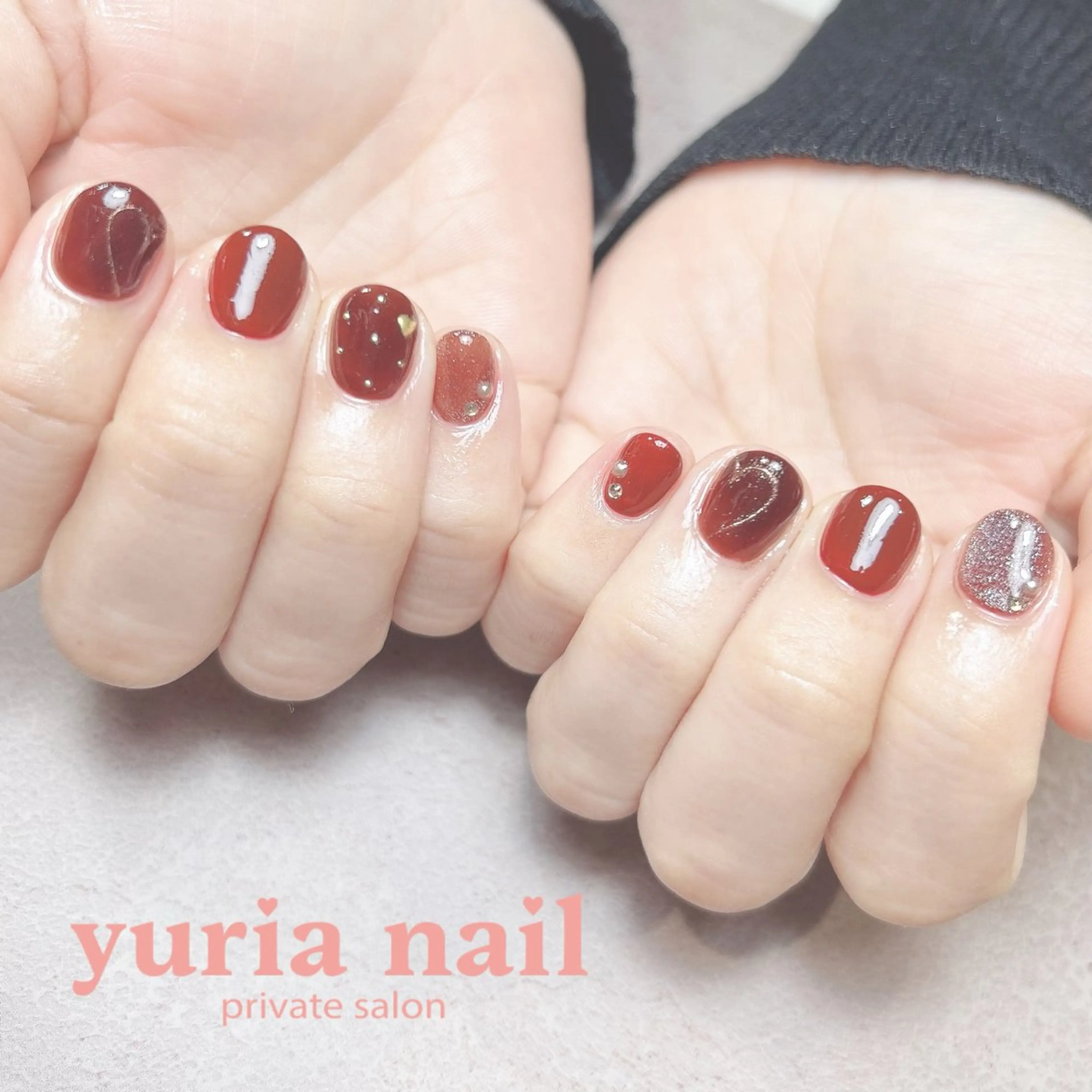 ネイル ボルドー ブラウン ジェルネイル ハート バレンタイン ハンドネイル 小林 ゆりあのネイルデザイン