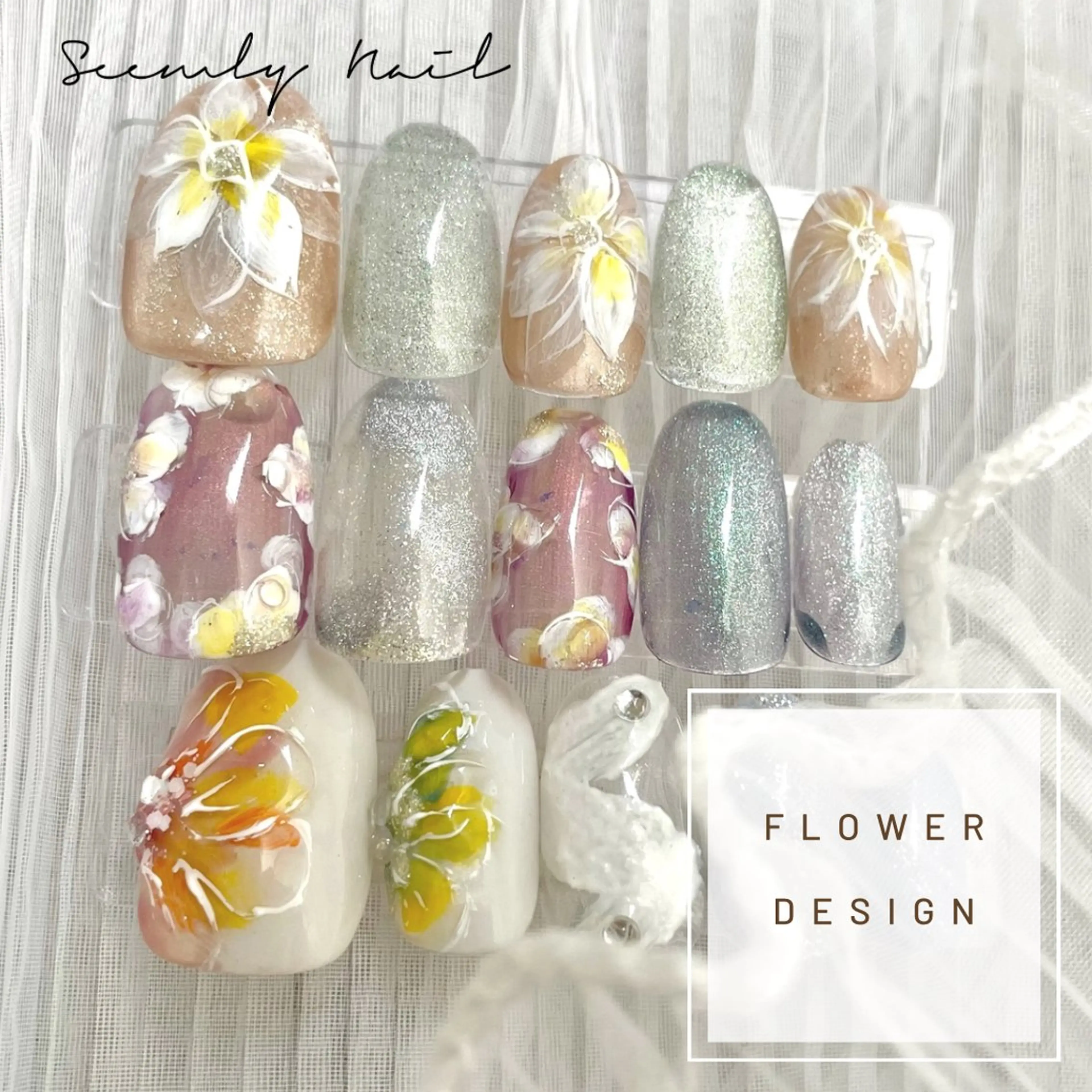 ネイル フラワーネイル キラキラネイル マグネットネイル 夏ネイル ブライダルネイル Seemly 千田町店所属・フラワーパラジェル 🌸シームリーエミのネイルデザイン