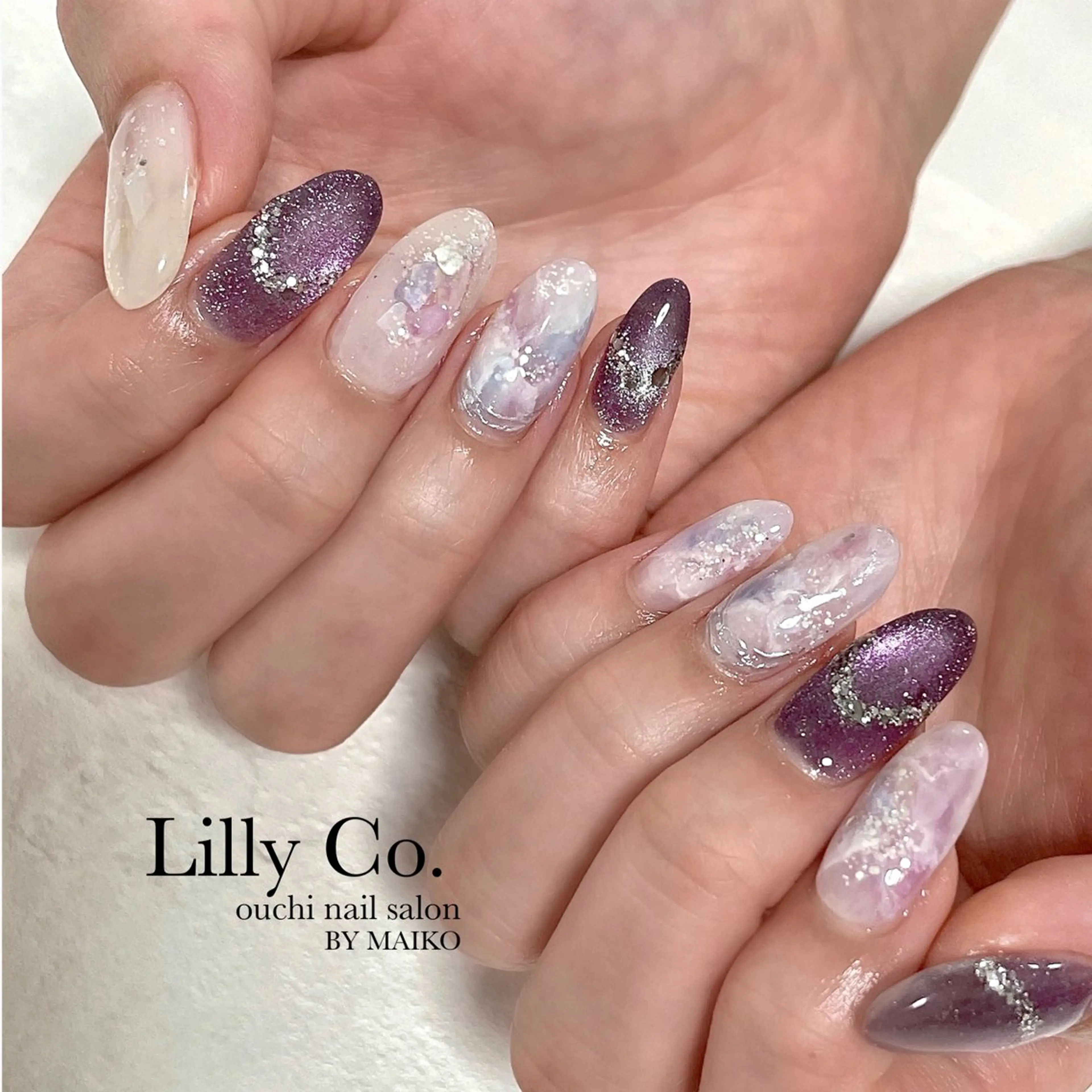 ネイル ニュアンスネイル パープル ハンドネイル ハンドケア Lilly Co.のネイルデザイン