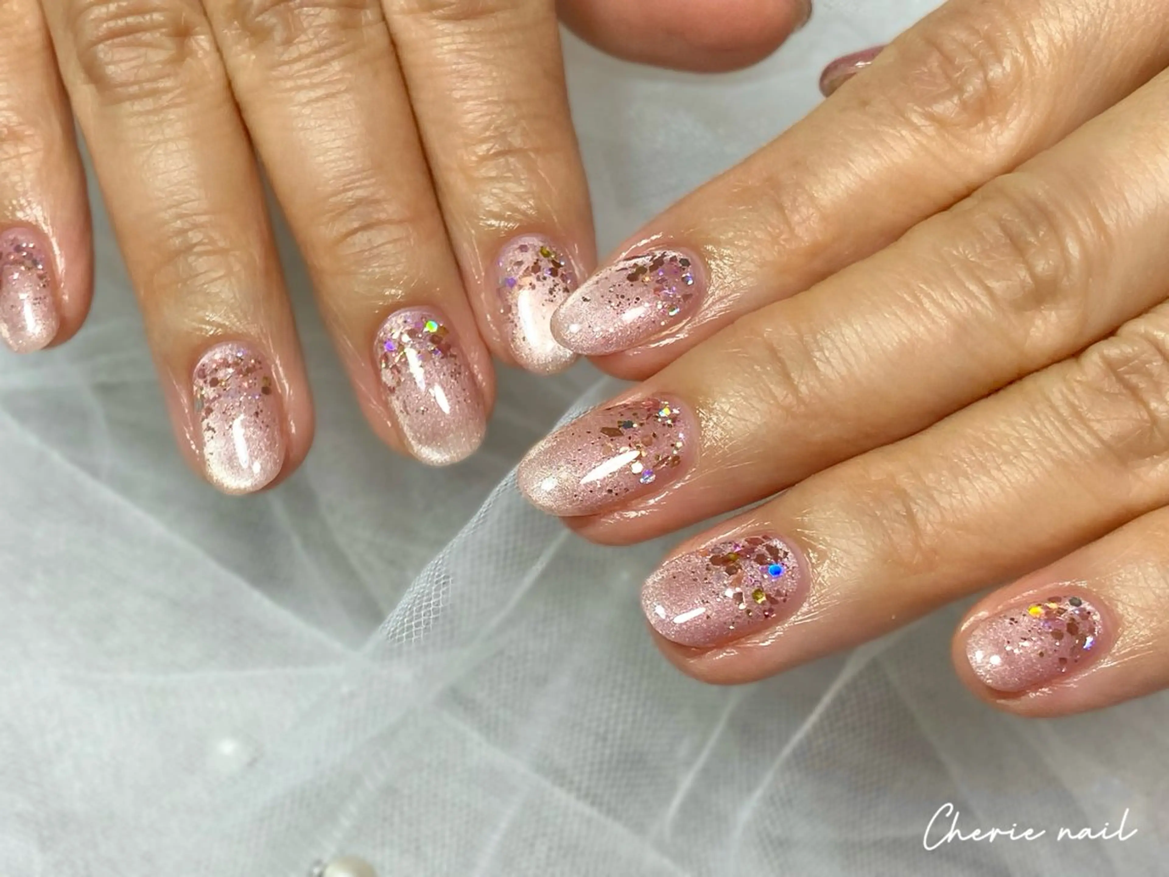 ネイル ジェルネイル ラメ(グリッター) マグネットネイル ピンク 春ネイル Cherienail yunaのネイルデザイン