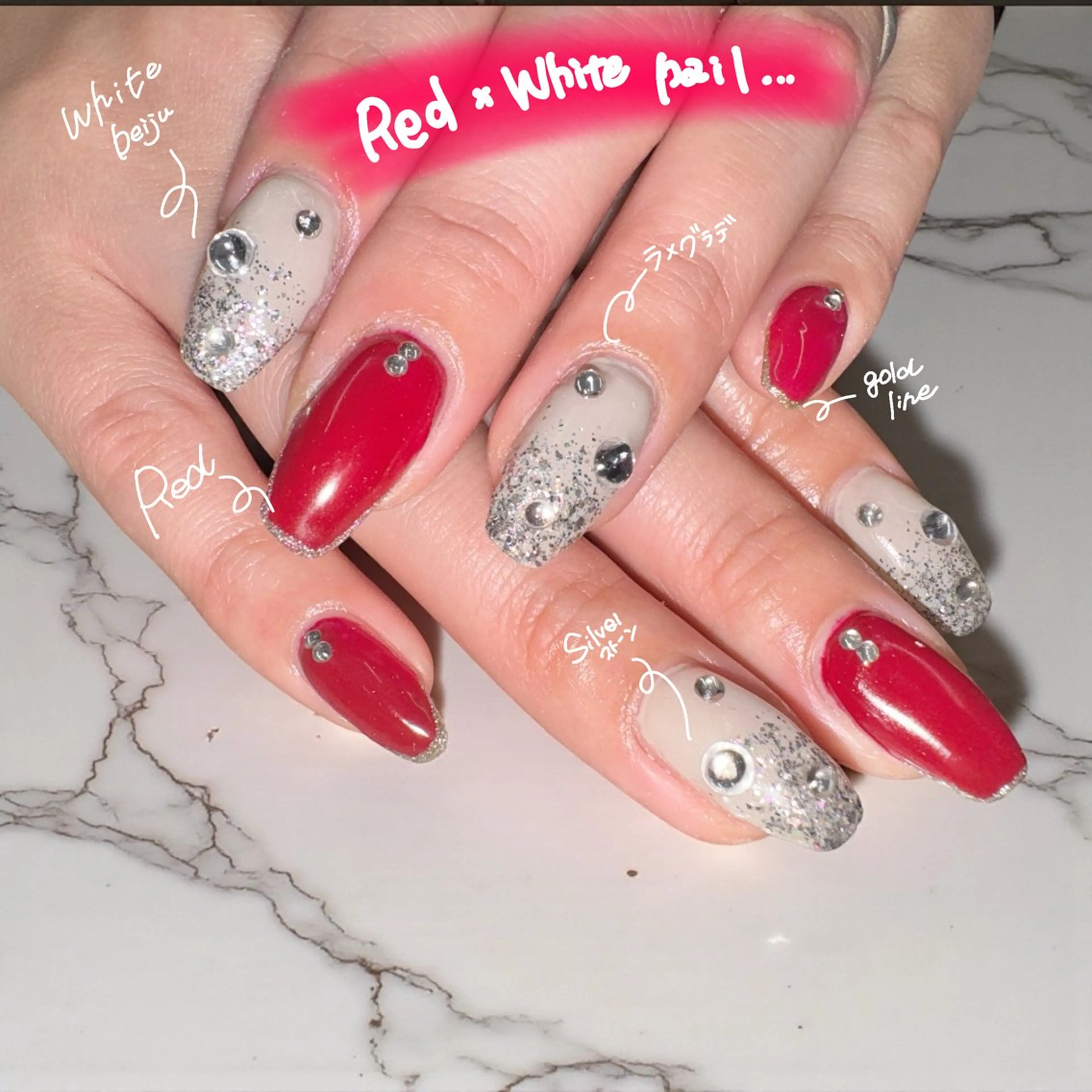 ネイル グラデーション ラメ(グリッター) ラメグラデーション 赤色 シルバー ハンドネイル PlusOnenailsalon所属・粕屋ネイル＆耳つぼ 🫧Natsumiのネイルデザイン