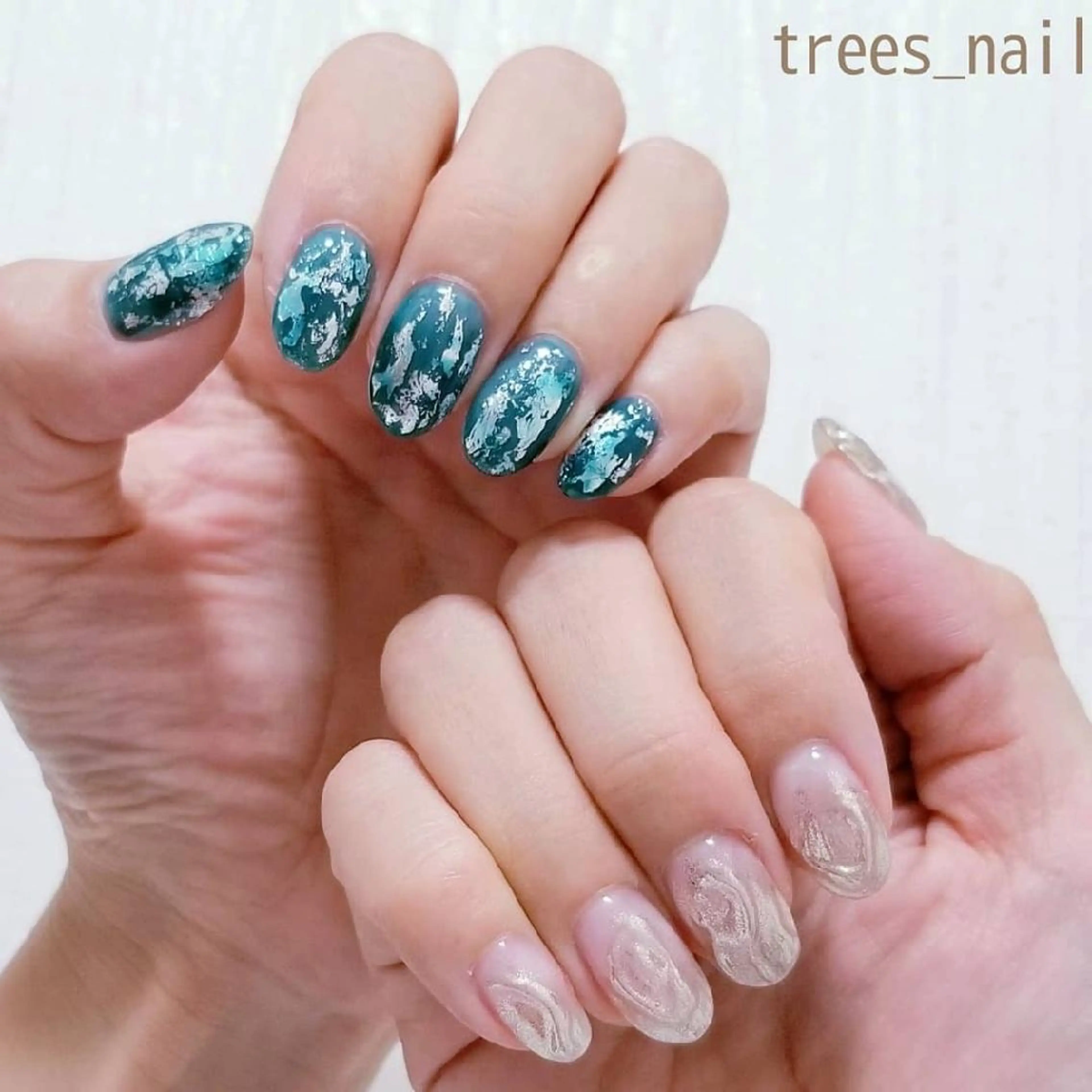 ネイル グリーン ミラーネイル trees_ nailのネイルデザイン