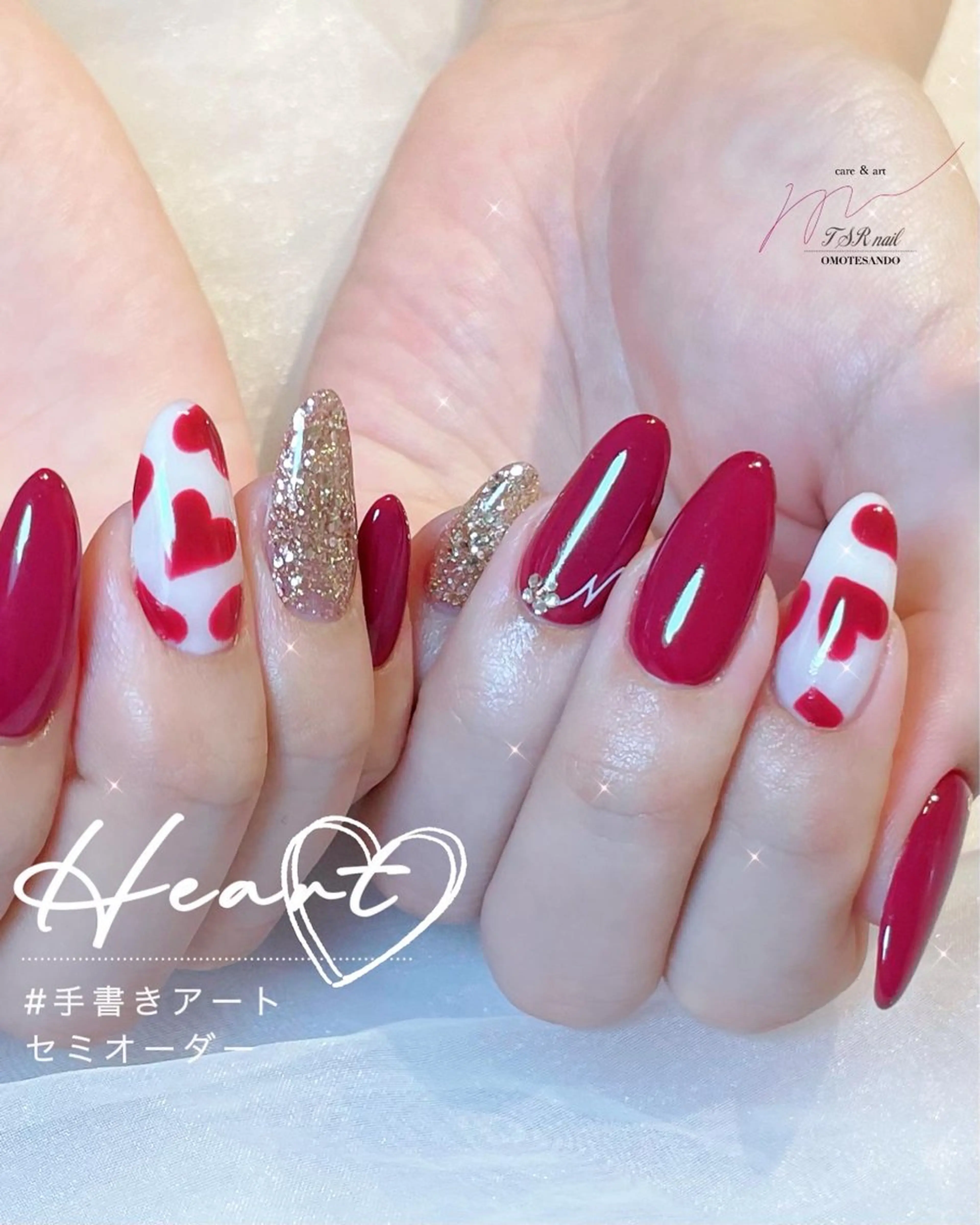 ネイル ボルドー ハート 赤色 ハンドネイル 爪咲 りり花のネイルデザイン