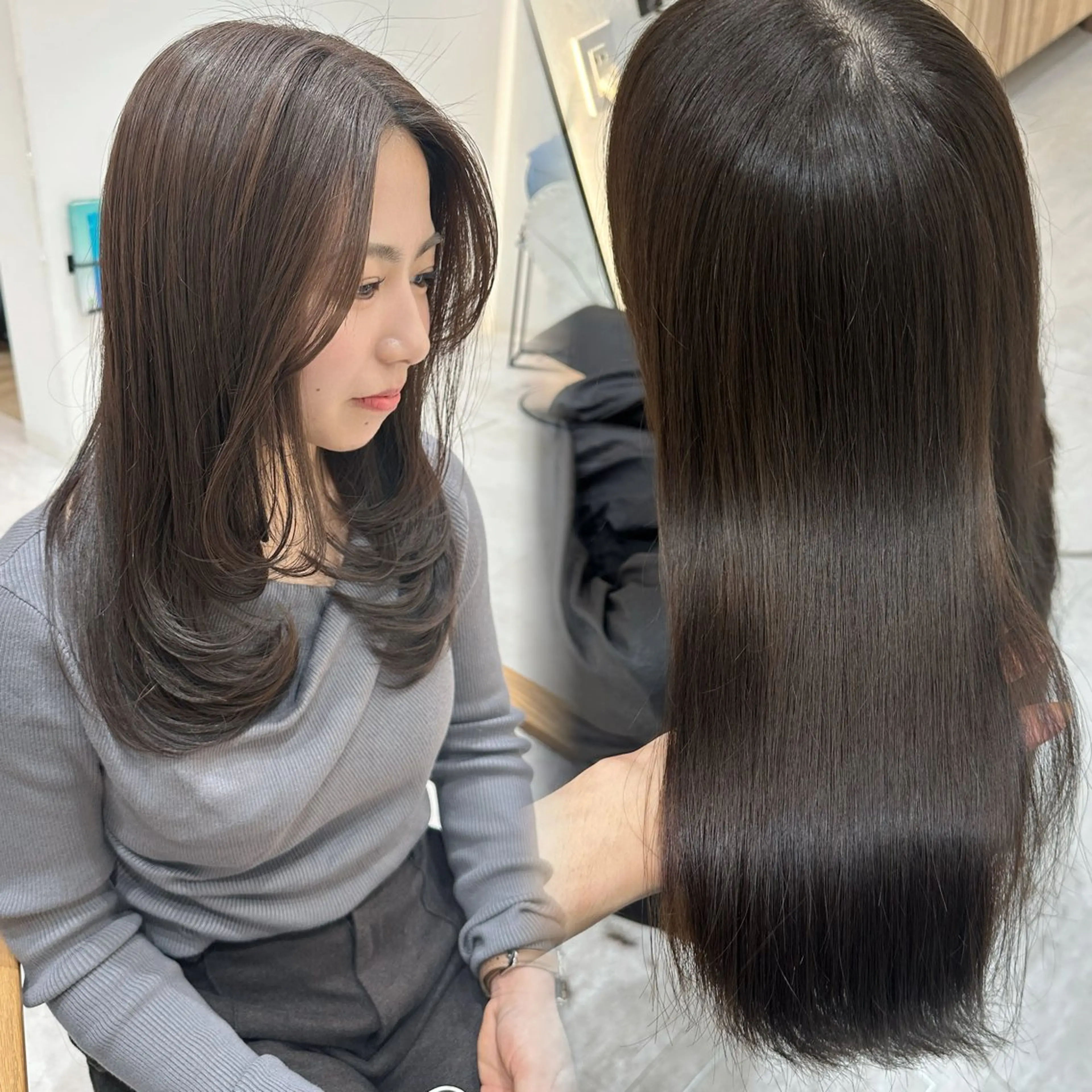 ロング カラー 透明感カラー オリーブカラー 顔周りカット カット ヘアカラー トリートメント 赤み消し/オリーブ カーキ/福田れんのヘアスタイル