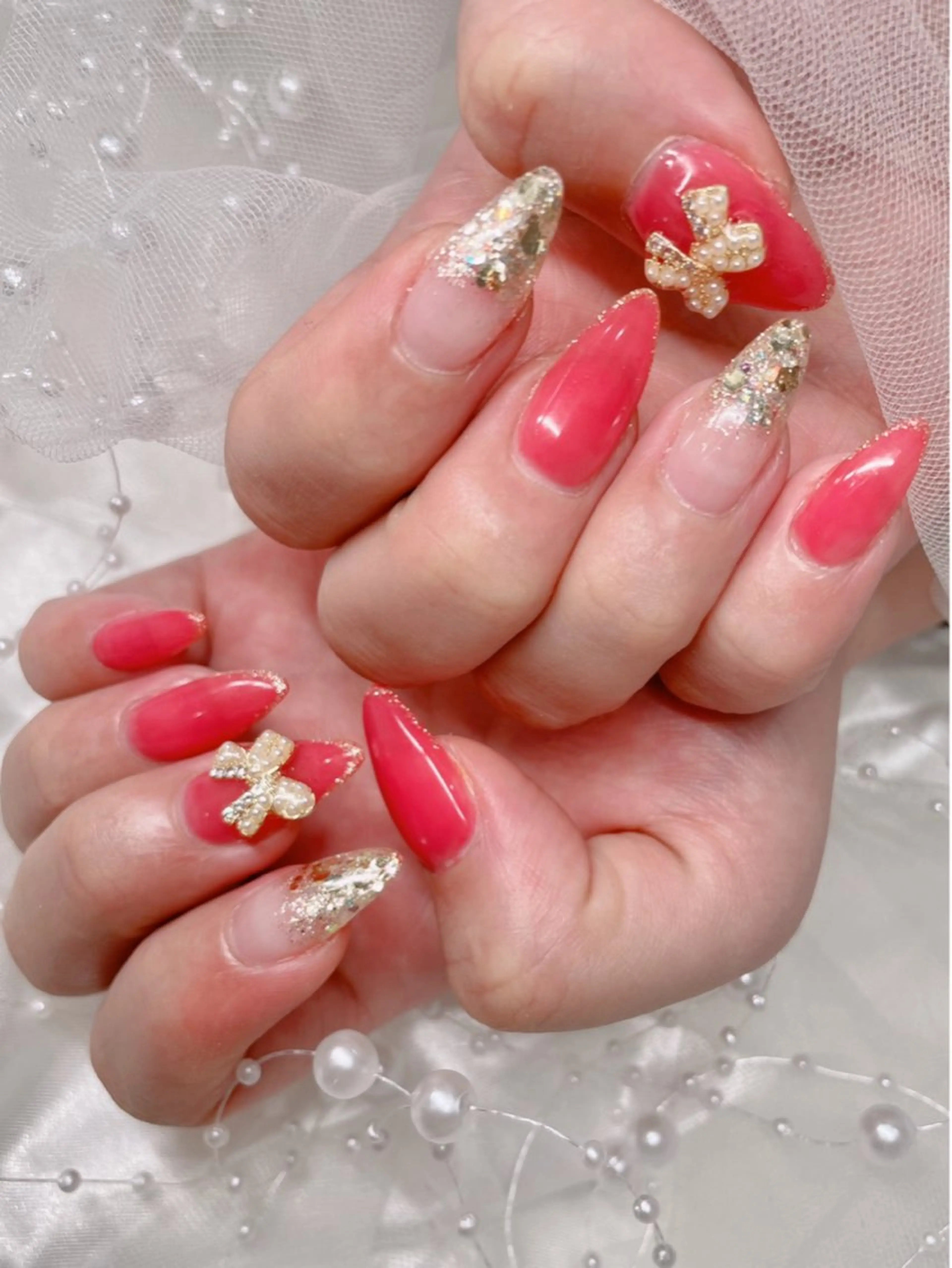 ネイル グラデーション ラメ(グリッター) ラメグラデーション ピンク リボン ハンドネイル ゆりか ジョアアンジェ福島のネイルデザイン