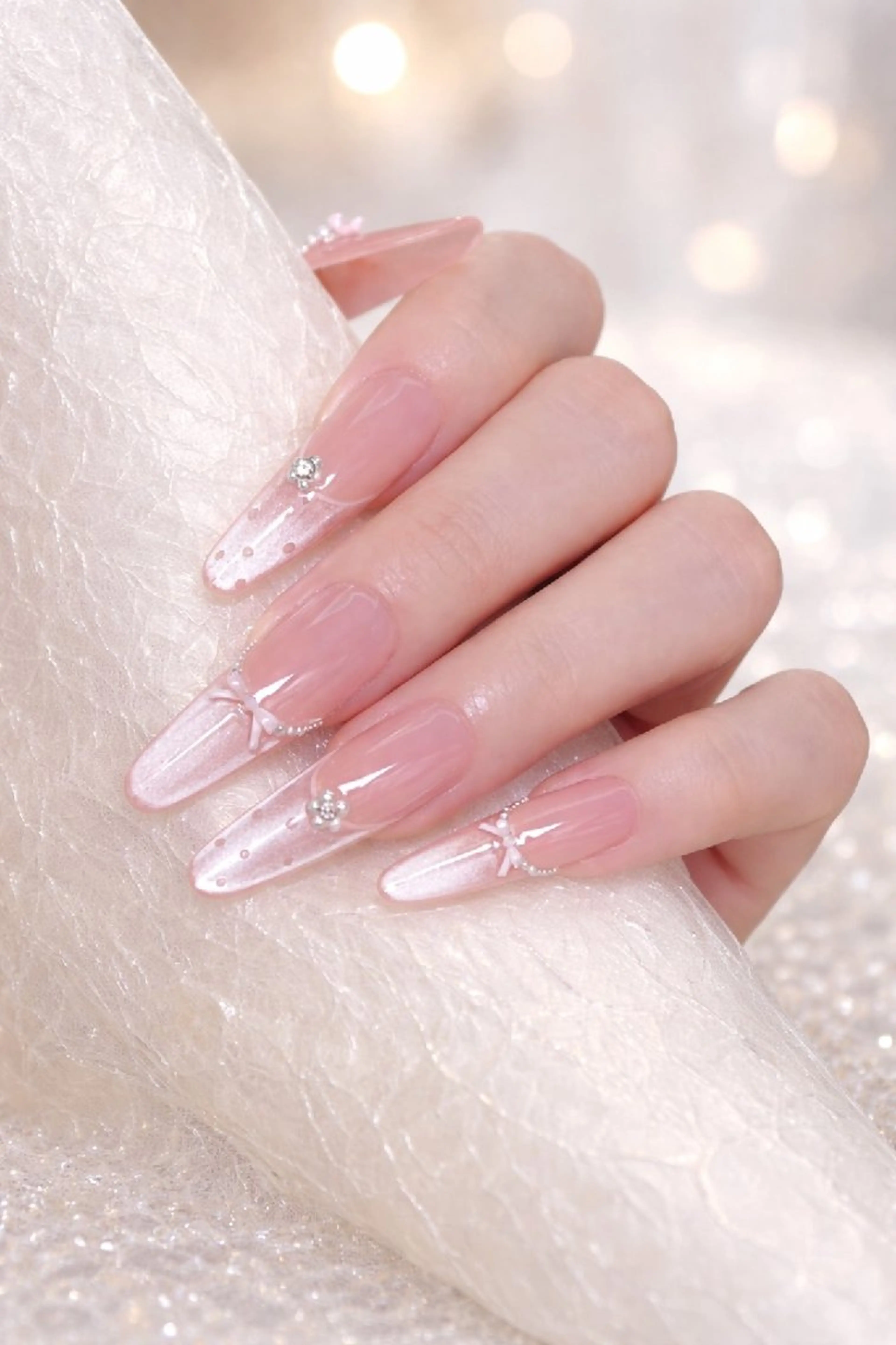 ネイル ピンク リボン シンプルネイル ストーンネイル 禅 nails所属・ヤマダ アユミのネイルデザイン