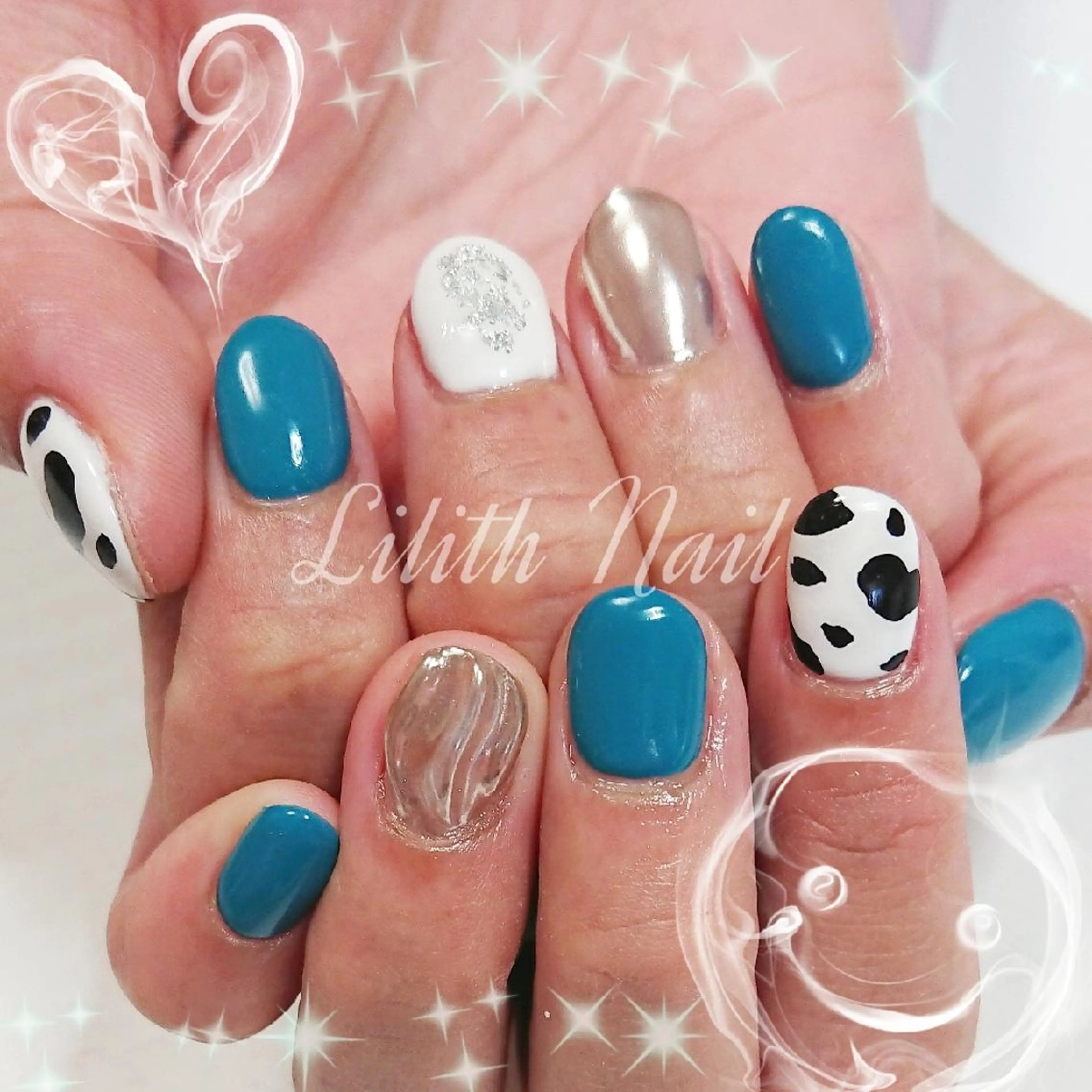 ネイル ブルー グリーン ハンドネイル Lilith Nailのネイルデザイン