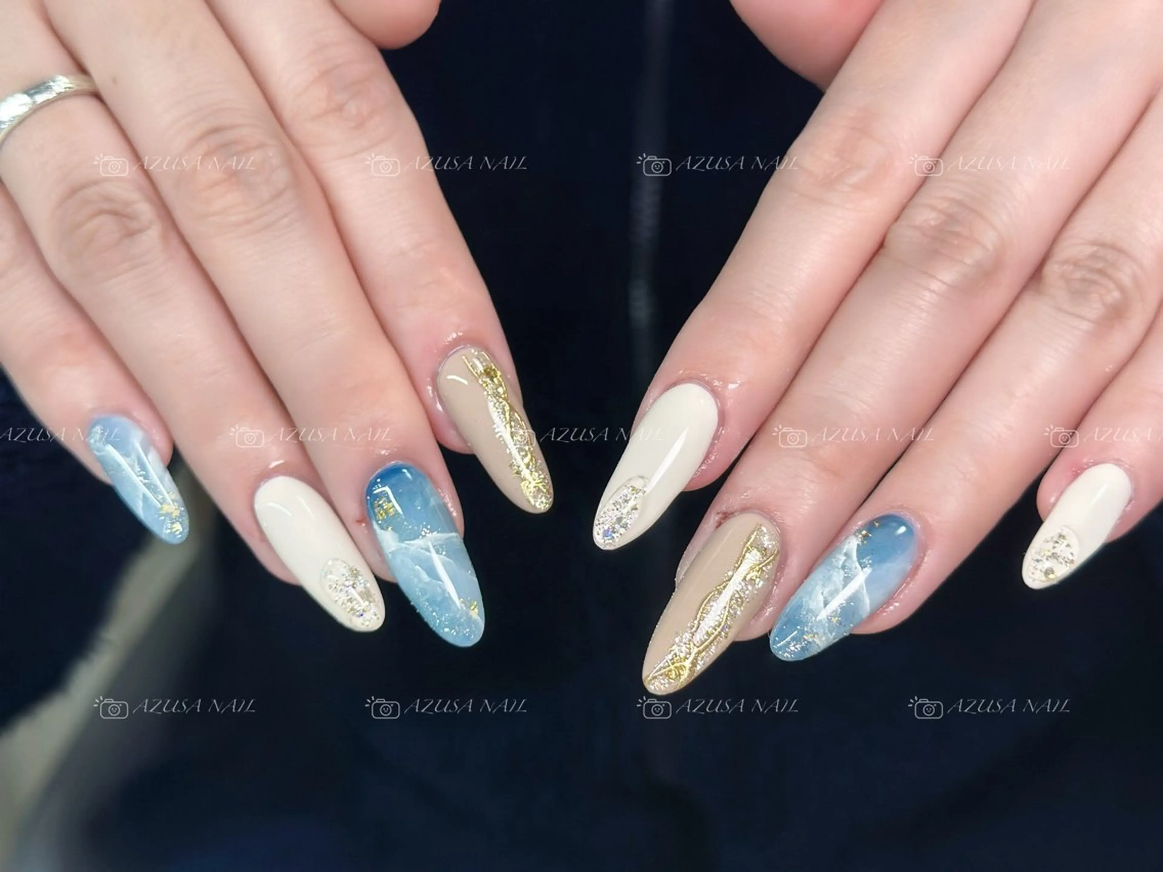 ネイル アートネイル ブルー チークネイル 長さ出し フラッシュネイル ハンドネイル 🧸自宅ネイル あずさのネイルデザイン