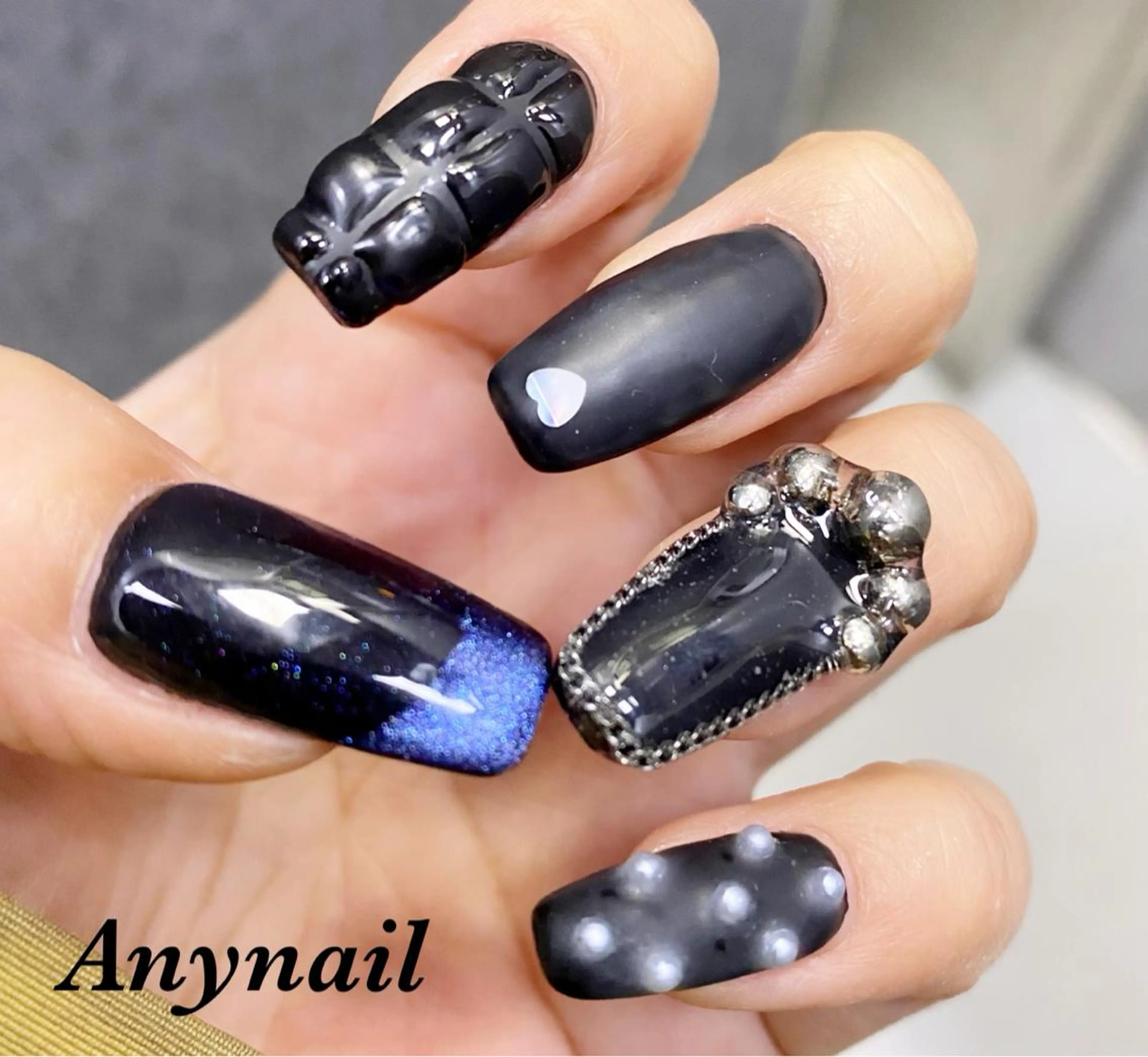 ネイル ブルー フレンチネイル ハート マグネットネイル マグネットフレンチ ハンドネイル 岩澤 恵子のネイルデザイン