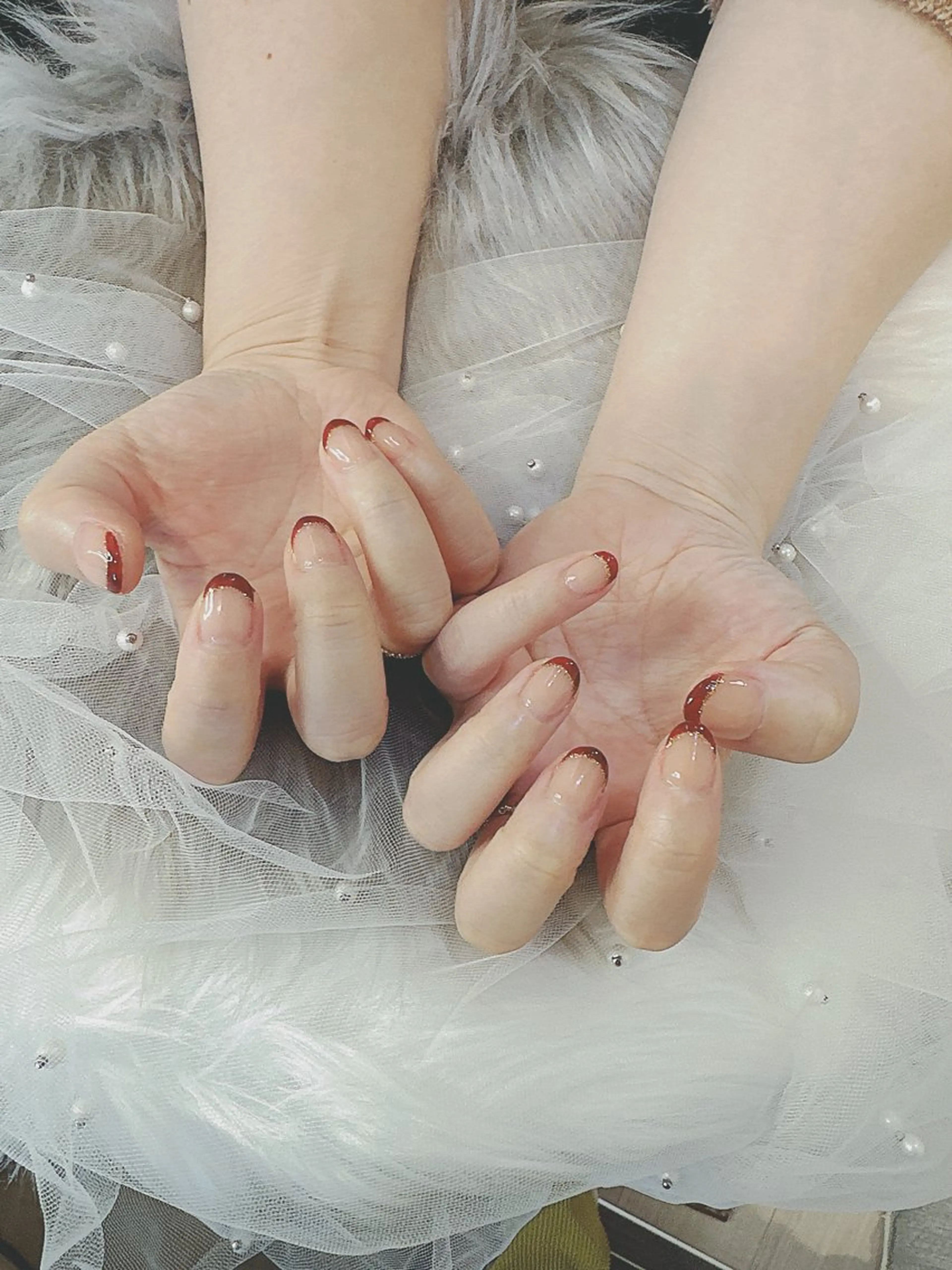 ネイル ボルドー フレンチネイル キラキラネイル ラメ(グリッター) slow nail（スロウネイル）所属・村瀬 優のネイルデザイン