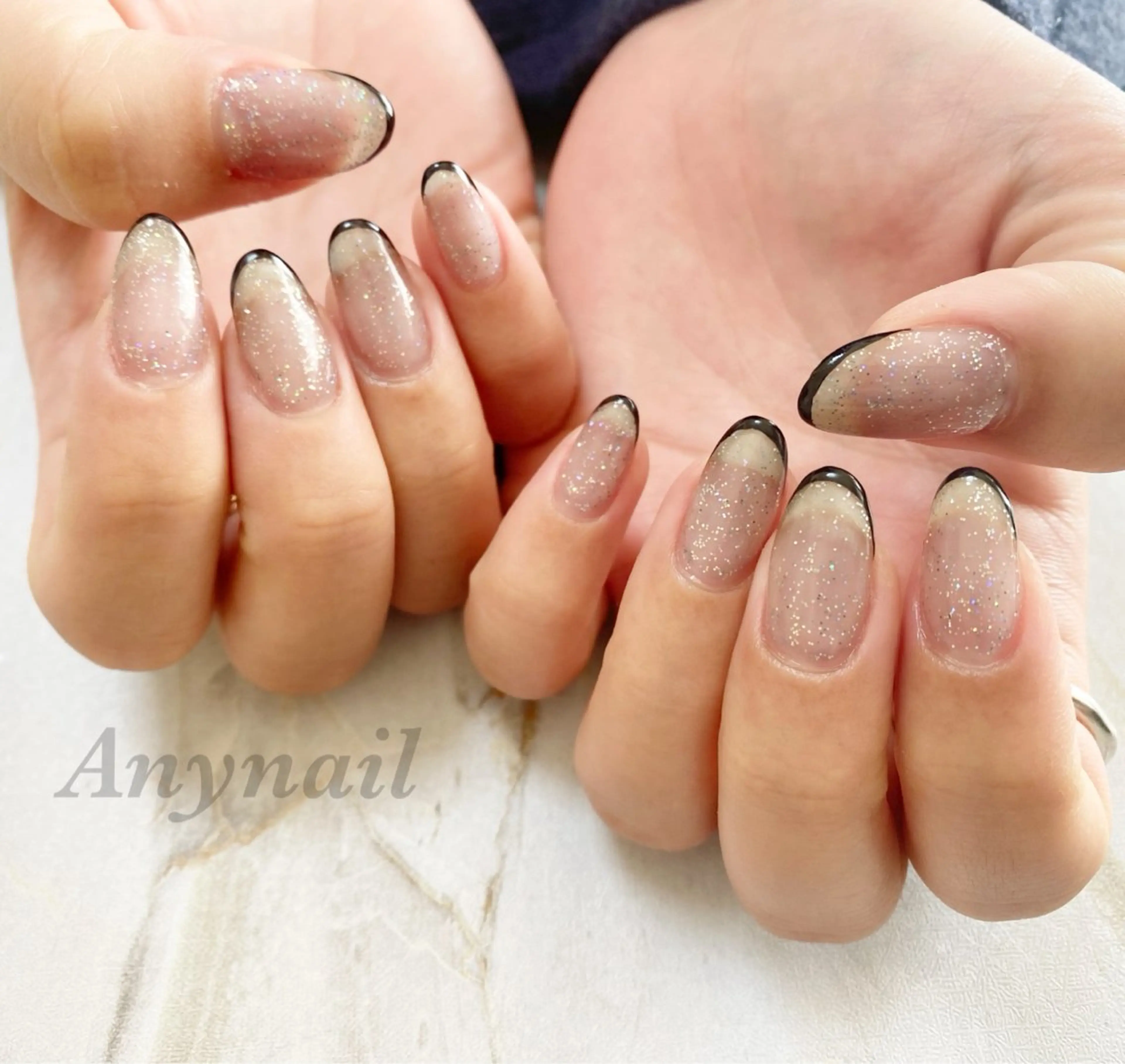 ネイル ブルー フレンチネイル キラキラネイル ハンドネイル 岩澤 恵子のネイルデザイン