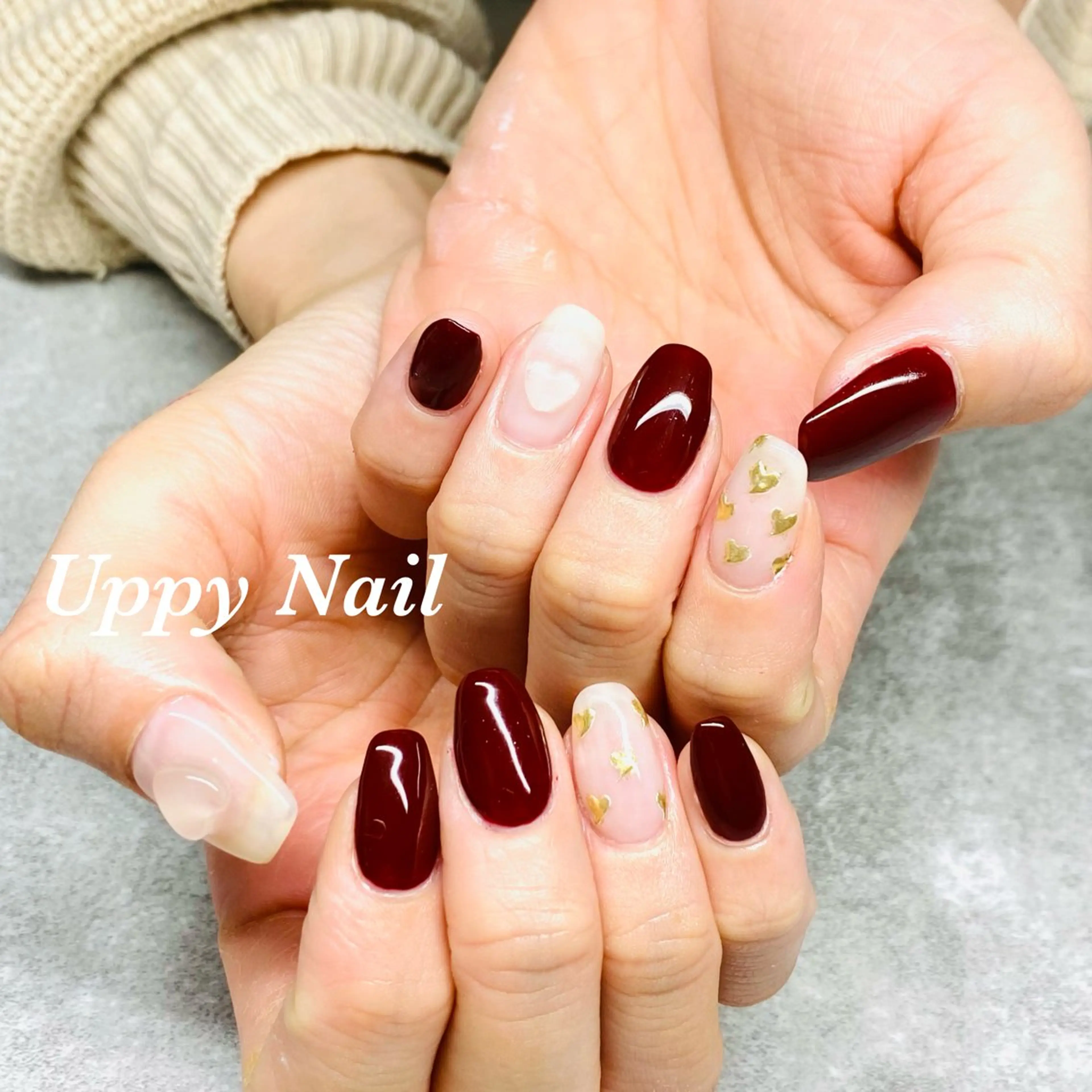 ネイル ブラウン ハート 赤色 ホワイト ハンドネイル Uppy Nail ukyoのネイルデザイン