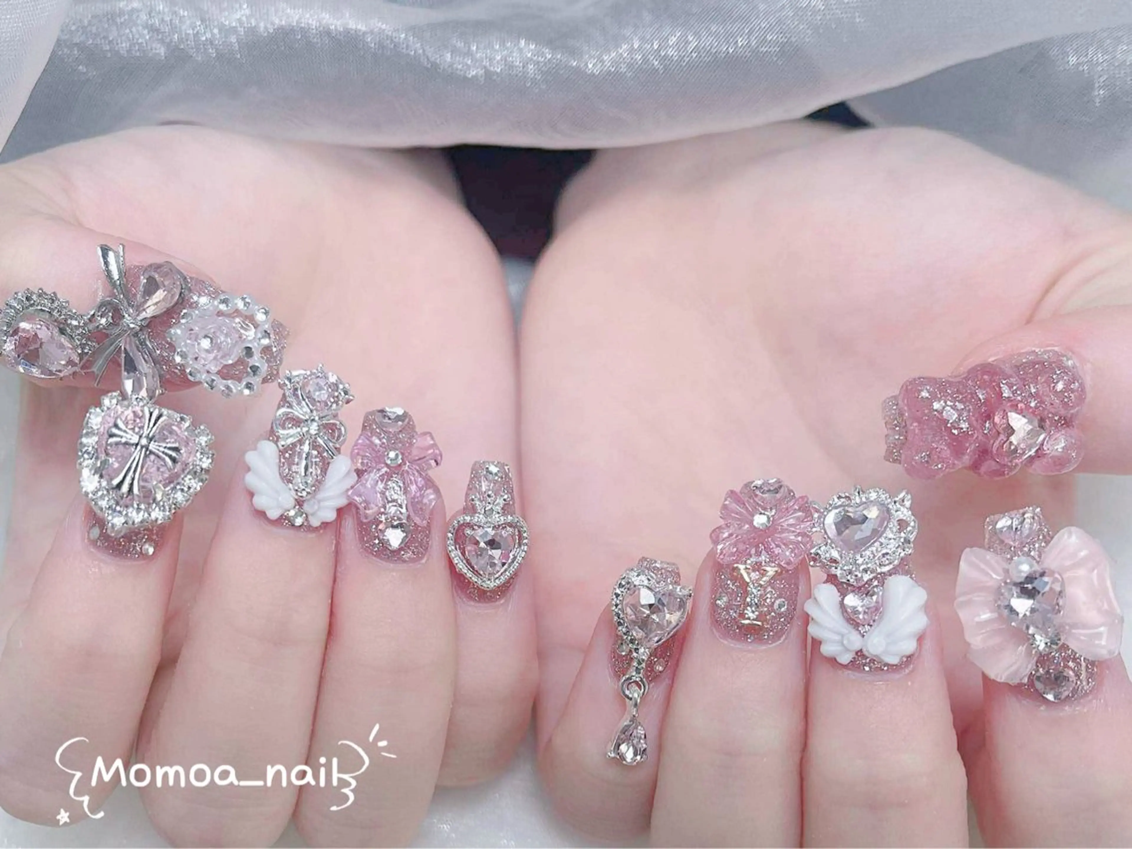 ネイル 成人式 ロングネイル マグネットネイル 大理石ネイル(マーブル) 持ち込み ハンドネイル MoMoA Nail ネイル長さ出し専門店のネイルデザイン