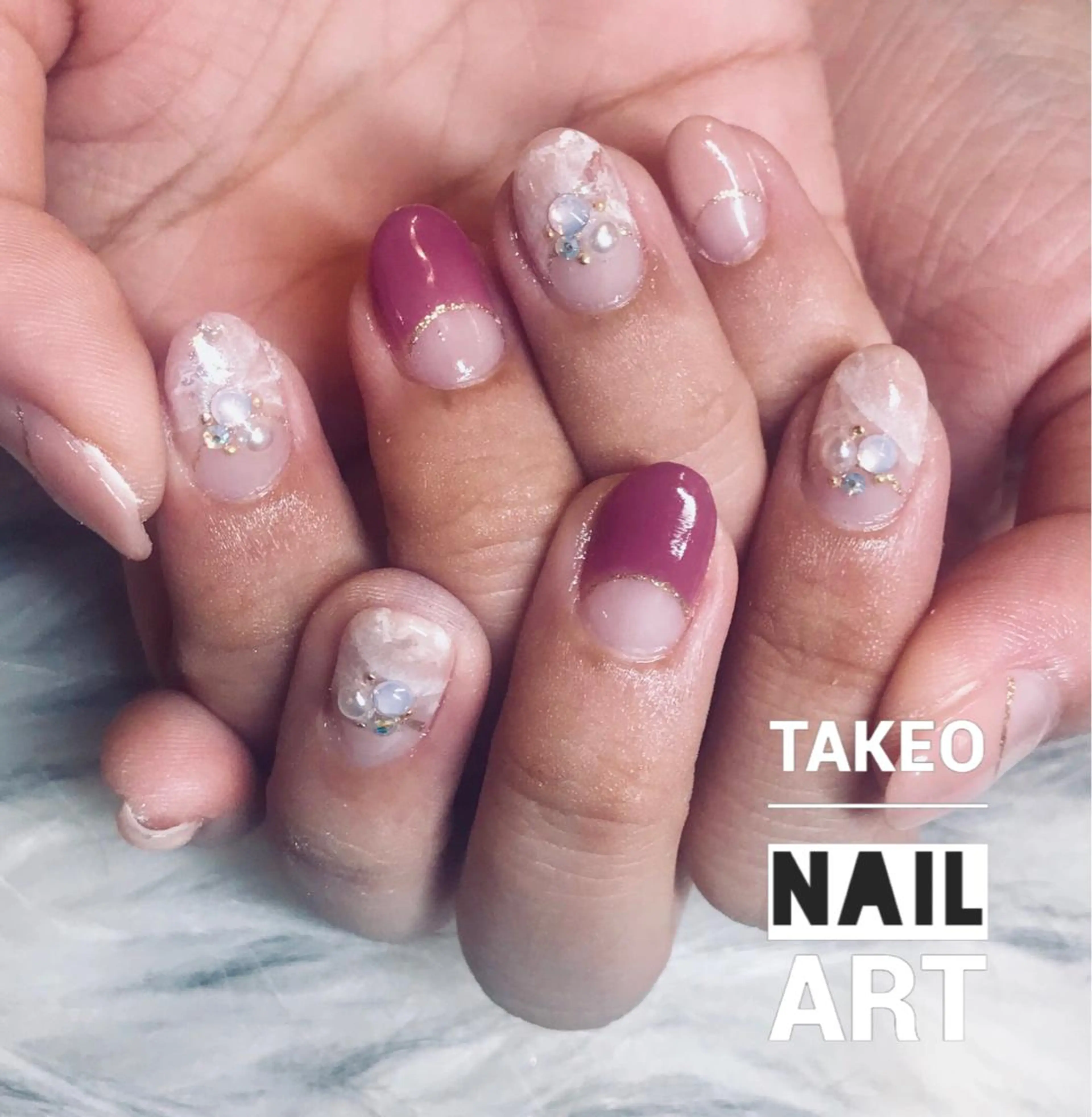 ショート ネイル アートネイル フレンチネイル 大理石ネイル(マーブル) 逆フレンチ ハンドネイル ハンドケア nail&eye Aoのマツエク・マツパデザイン