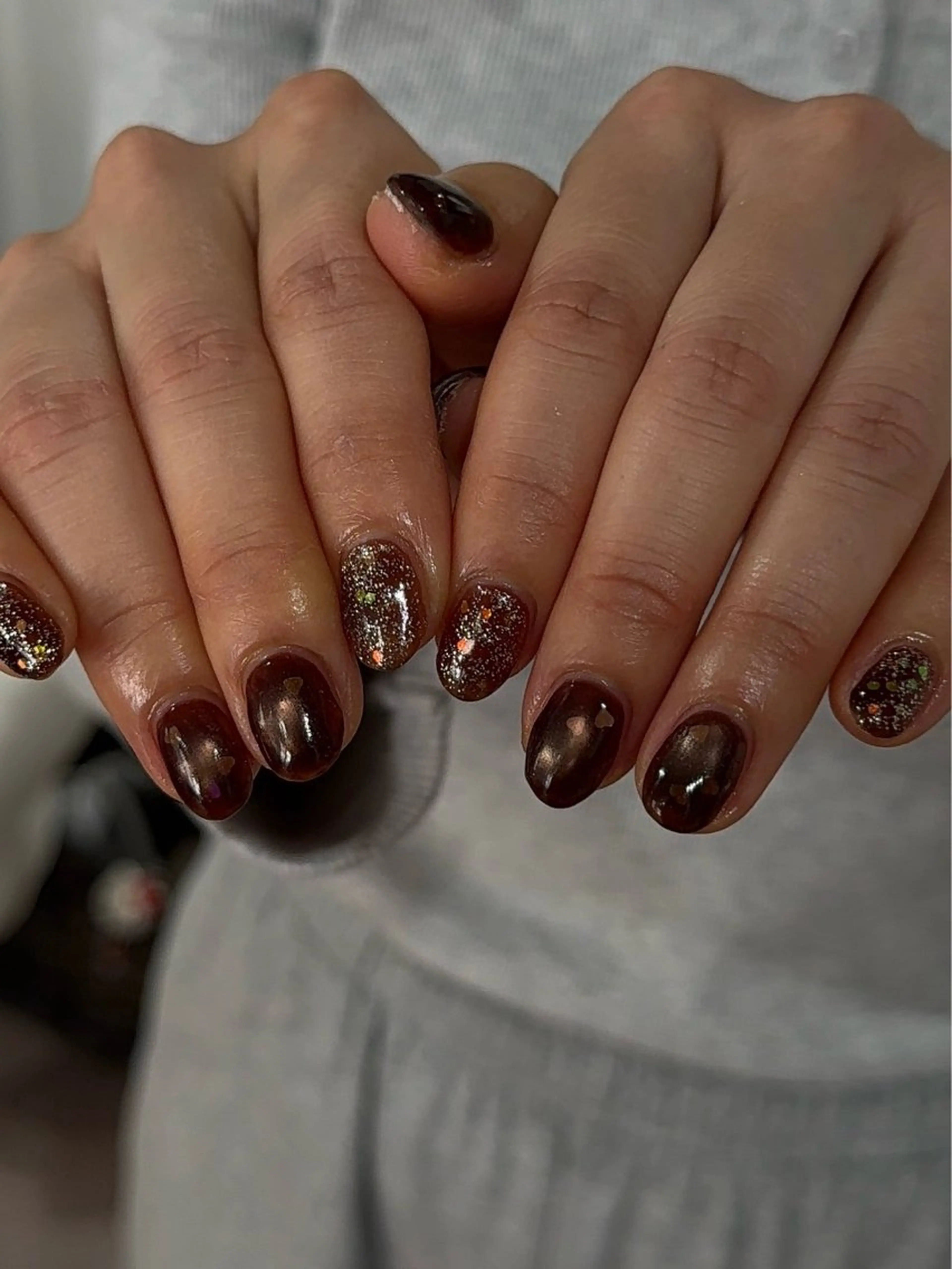 ネイル ブラウン ジェルネイル ハート 韓国ネイル マグネットネイル ハンドネイル Salon Kのネイルデザイン