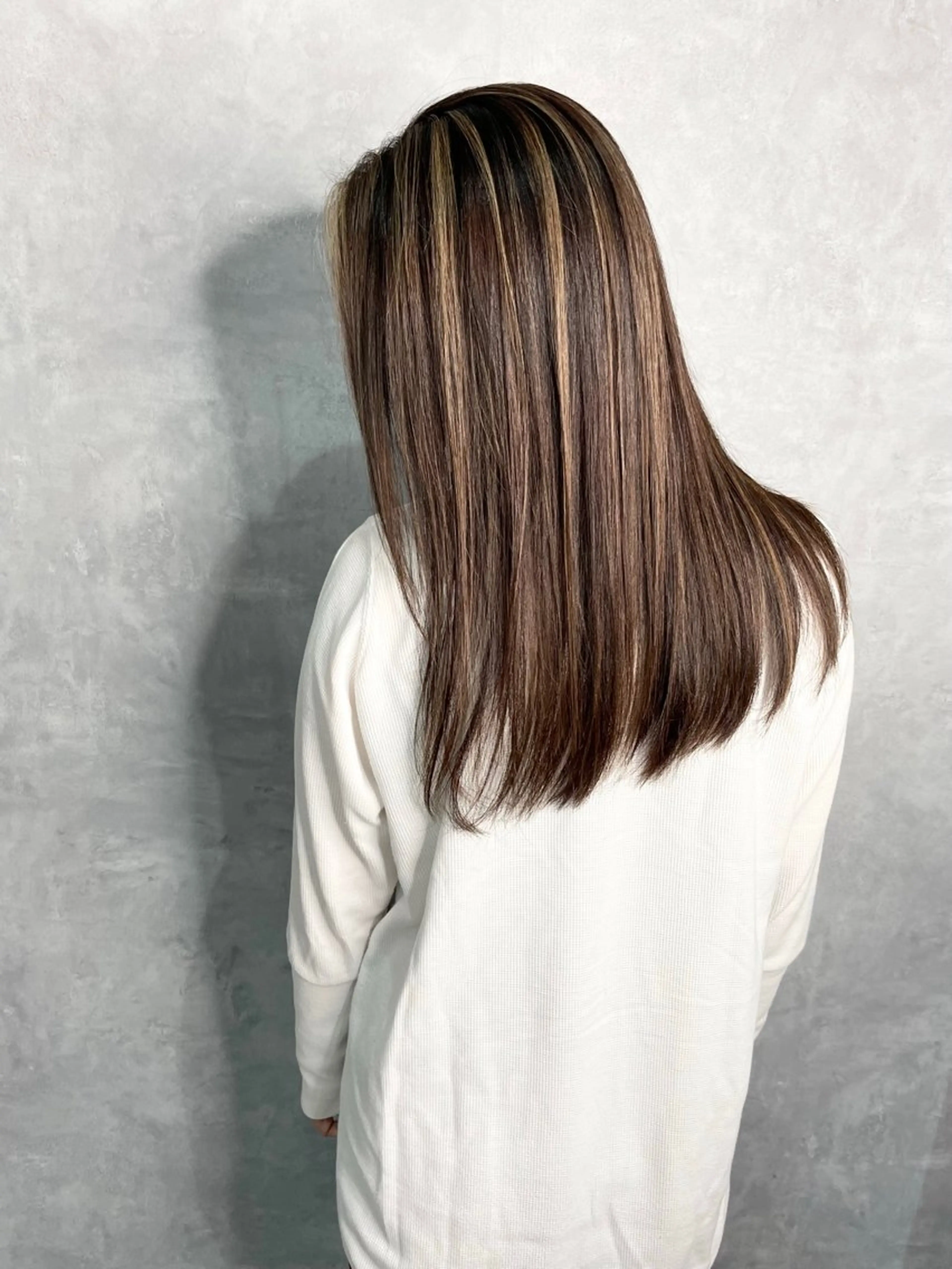 セミロング セミロングパーマ ミストバング ハイライト 髪質改善 ヨシンモリ HAIR SMILE COEURのヘアスタイル