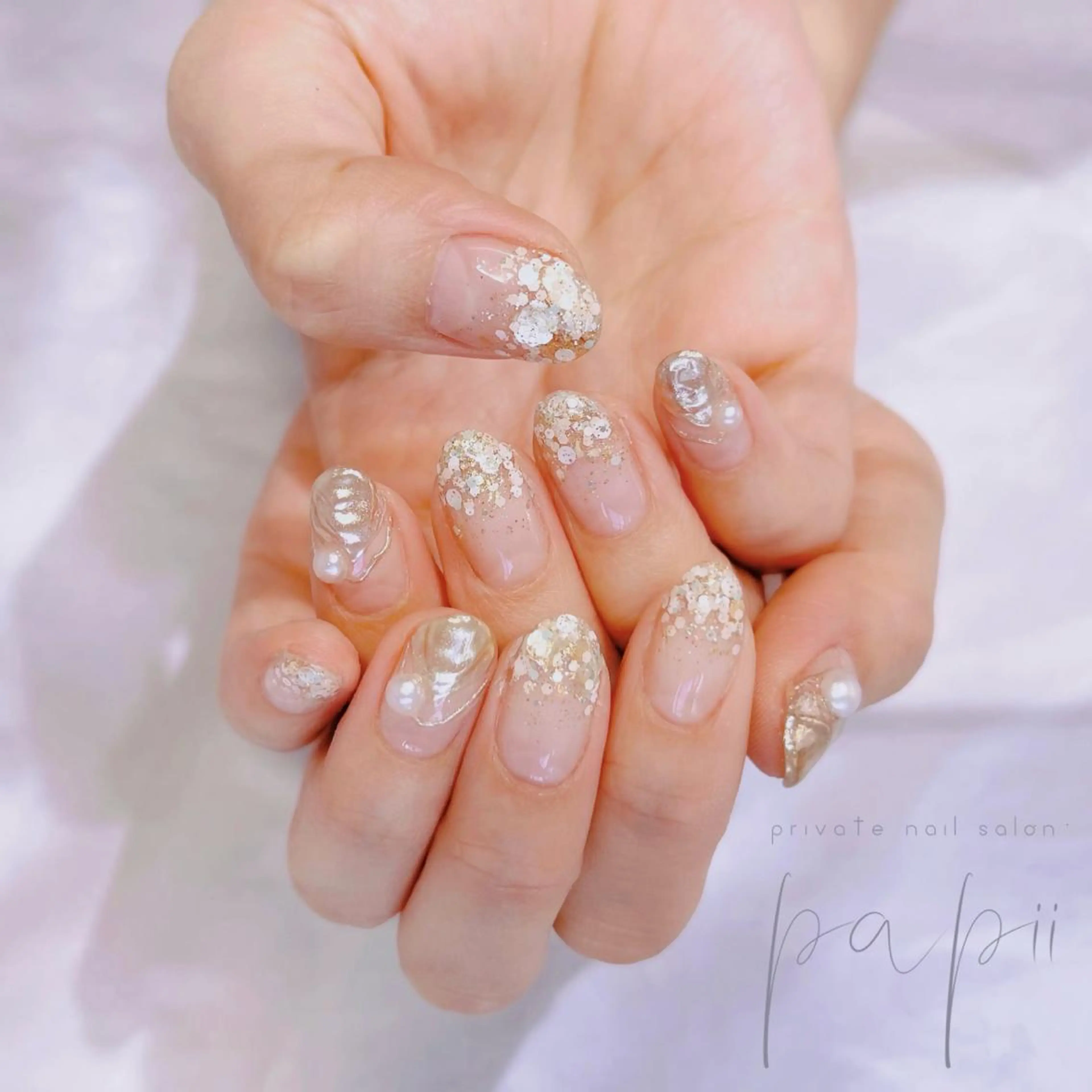 ネイル フレンチネイル ラメ(グリッター) ミラーネイル ニュアンスネイル シンプルネイル ハンドネイル private nail salon papii所属・papii☆ kurodaのネイルデザイン