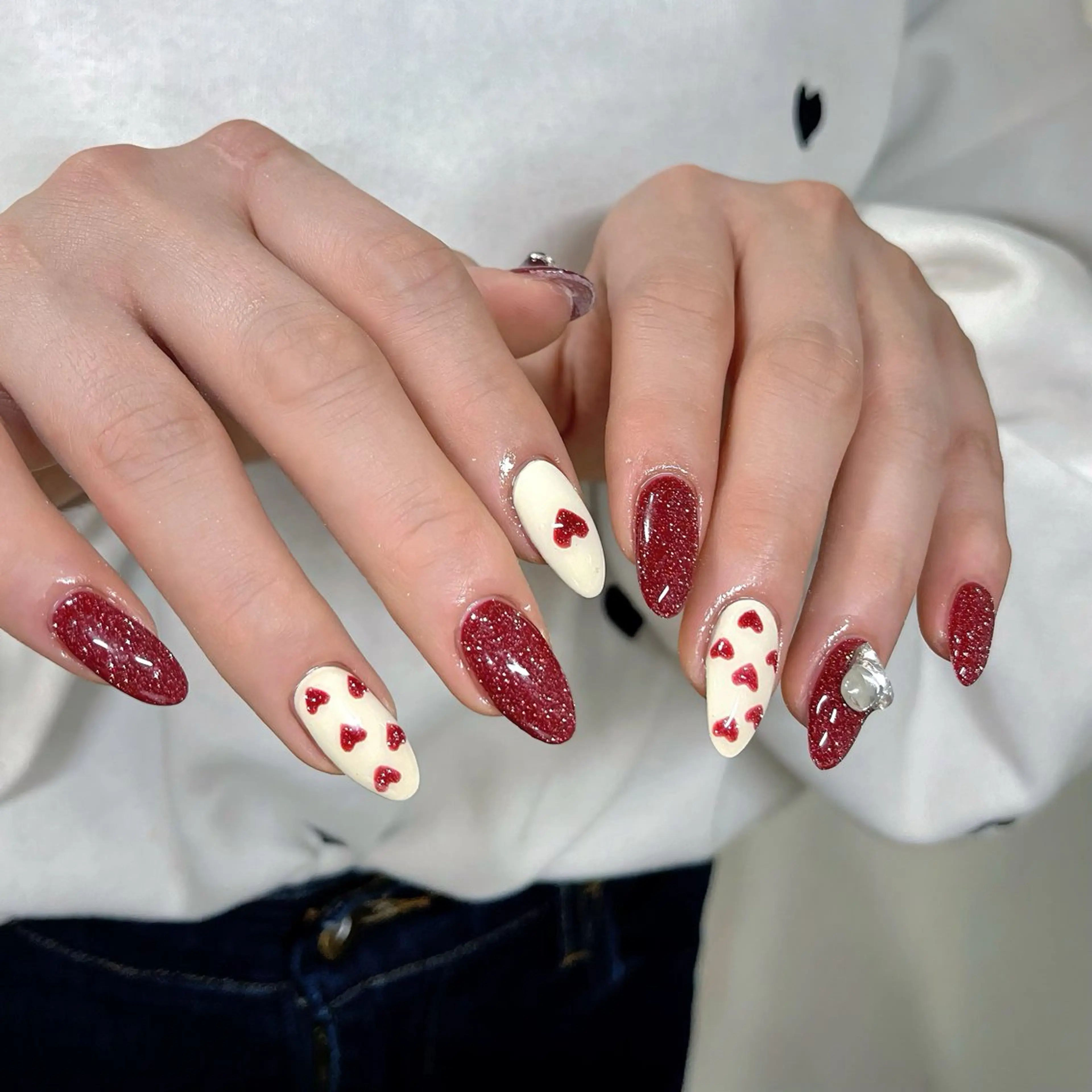 ネイル ハート ワンカラーネイル リボン バレンタイン 冬ネイル ハンドネイル 🫧OPELIA NAIL渋谷🫧のネイルデザイン