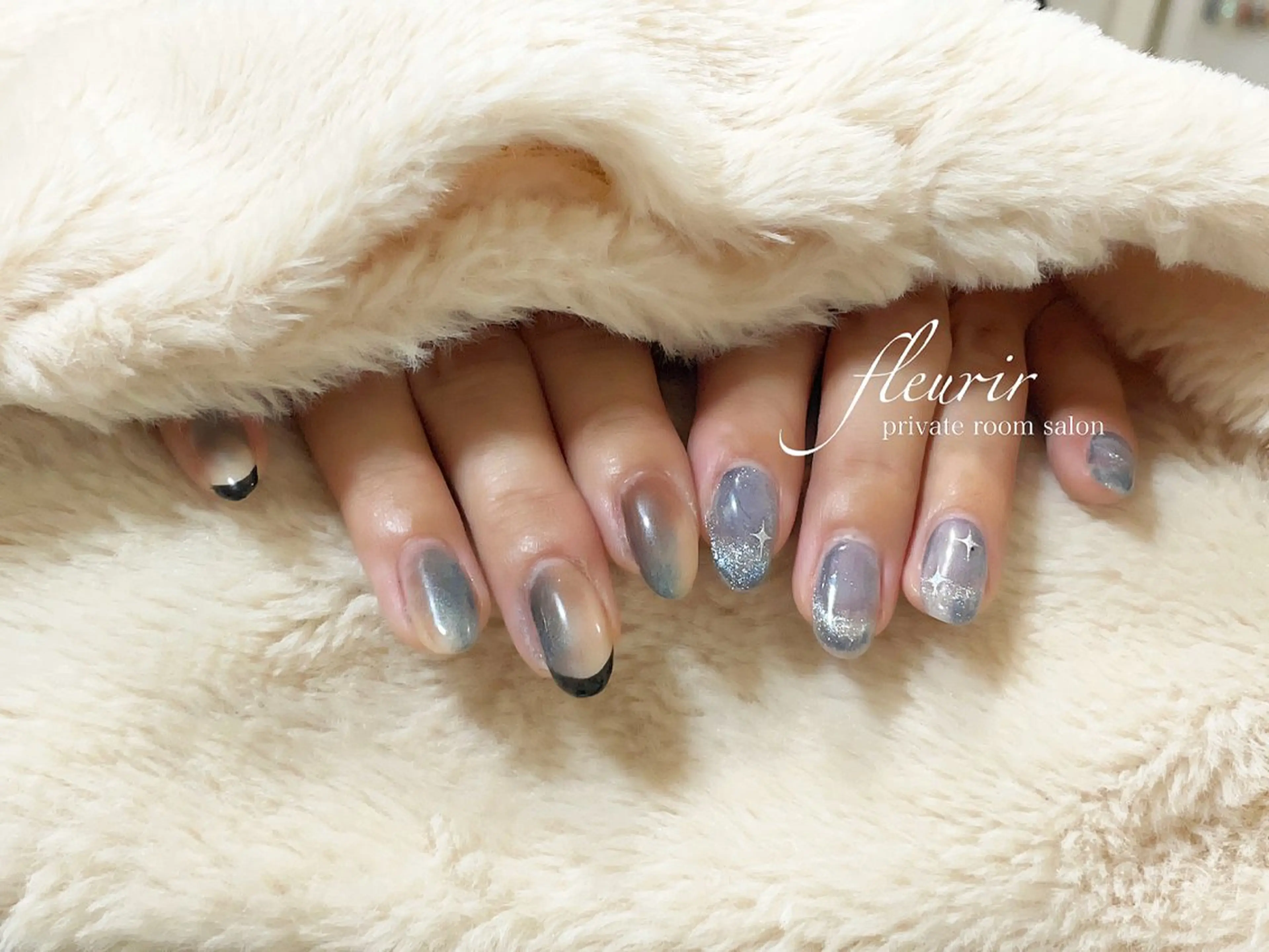 ネイル ブルー ブラウン フレンチネイル グラデーション マグネットネイル フルリール 【プライベートサロンのネイルデザイン