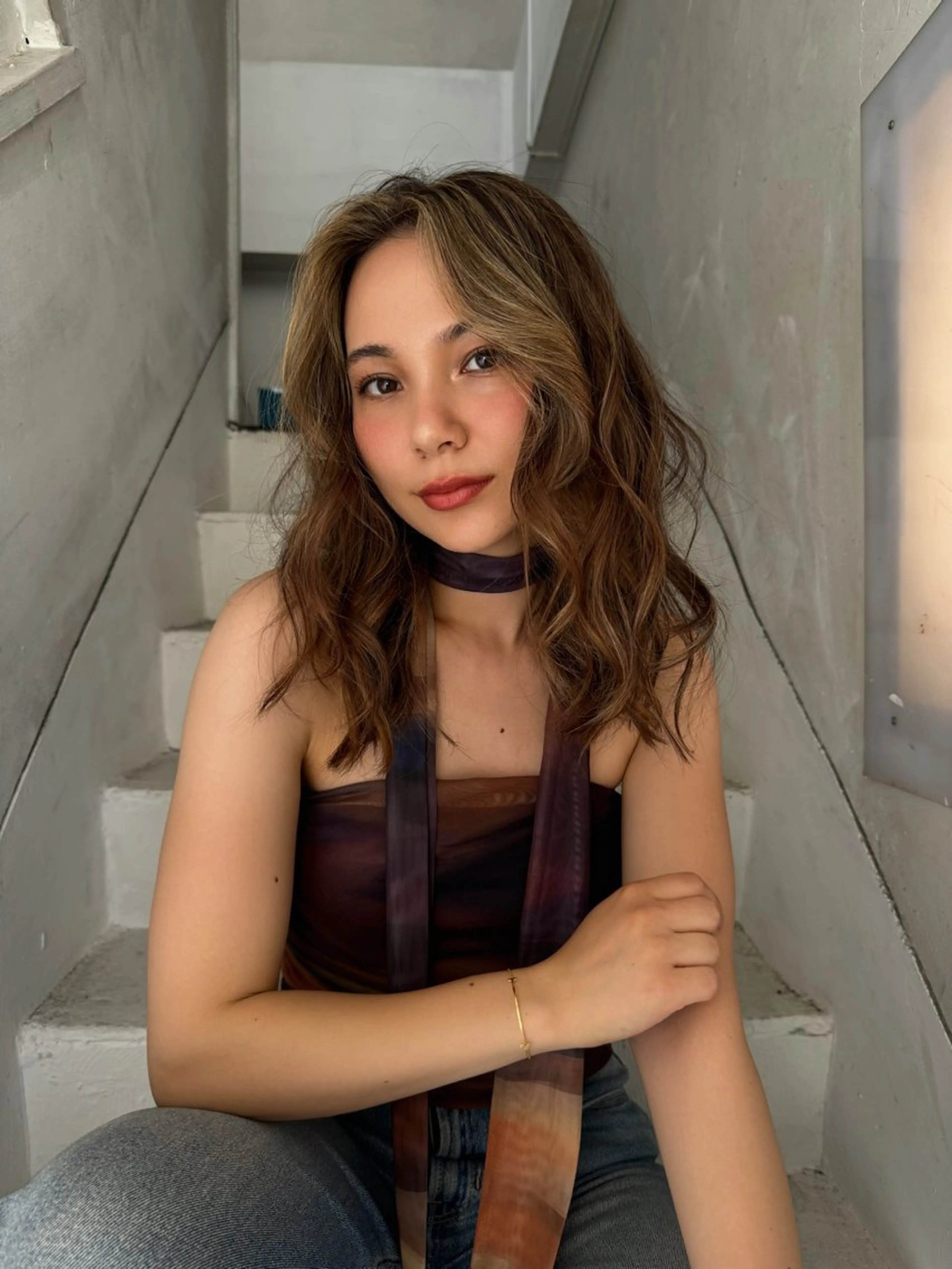 ミディアム カラー ベージュカラー ハイライトカラー ハイライト レイヤーカット ナガミネアリサ/ 学芸大学/海外ヘアのヘアスタイル