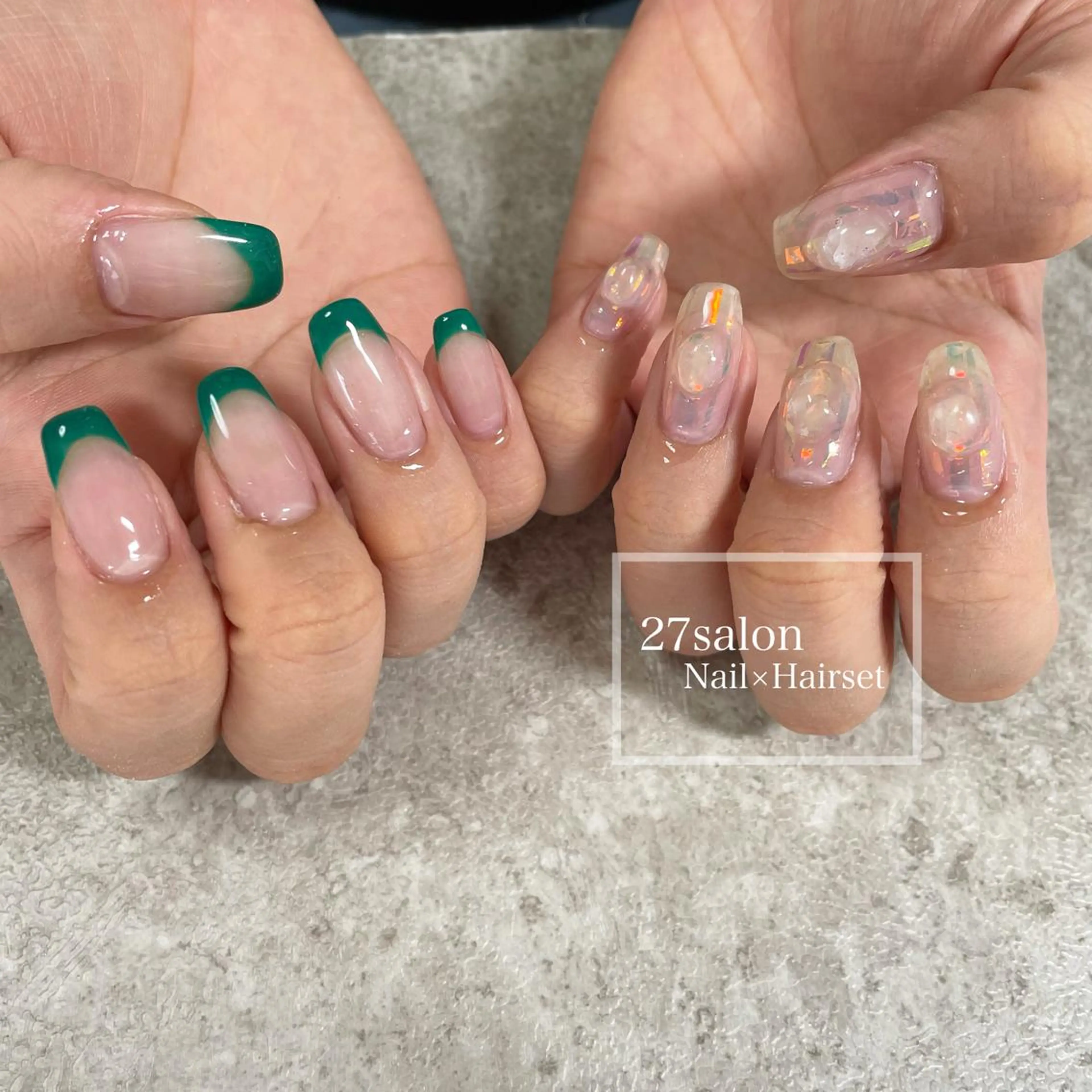 ネイル オーロラネイル クリアネイル フレンチネイル グリーン 27salon yuinaのネイルデザイン