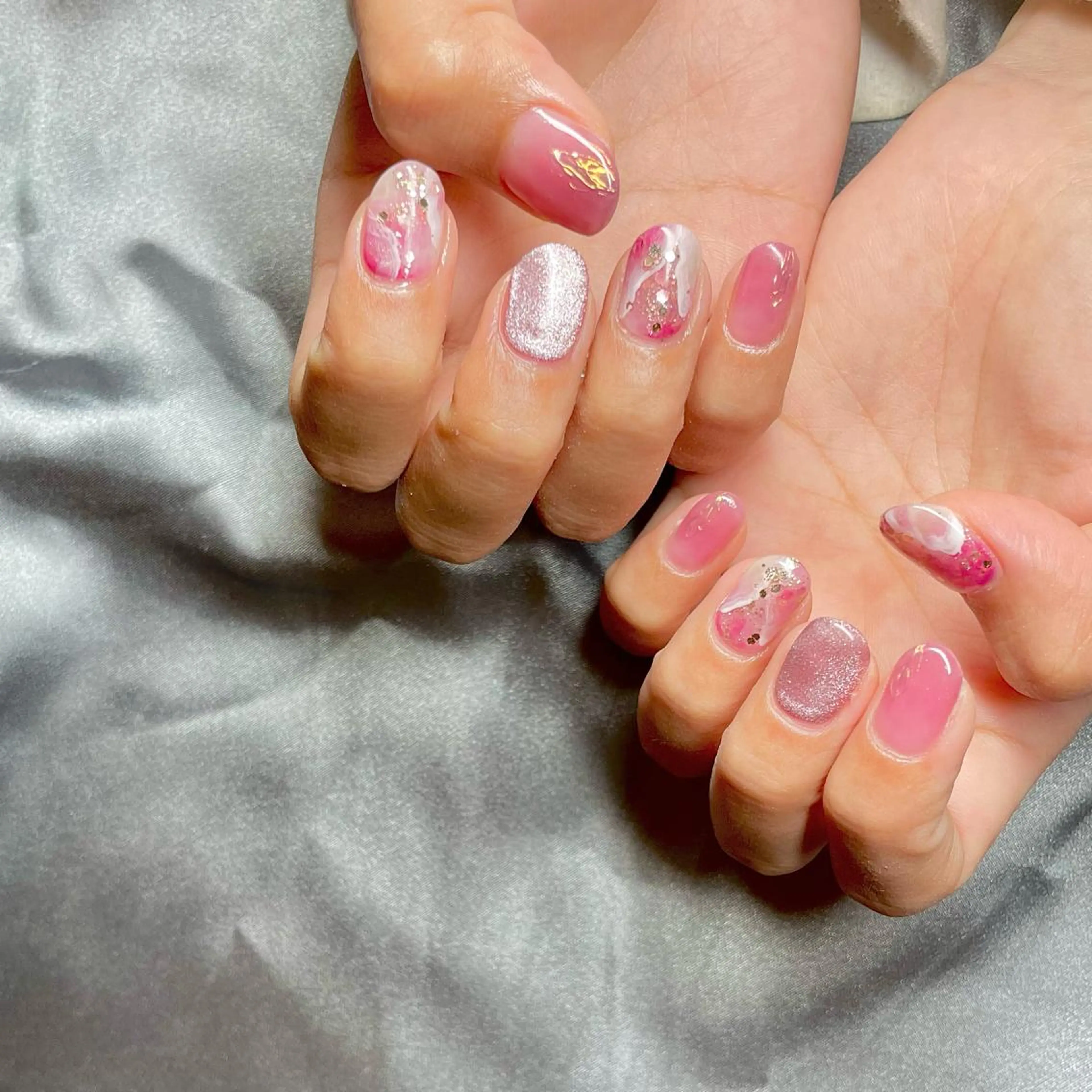 ミディアム カラー パーマ ヘアアレンジ メンズ キッズ ネイル マツエク・マツパ アイブロウ ピンクカラー カラーマツエク ミラーネイル ピンク nail&eye Aoのマツエク・マツパデザイン