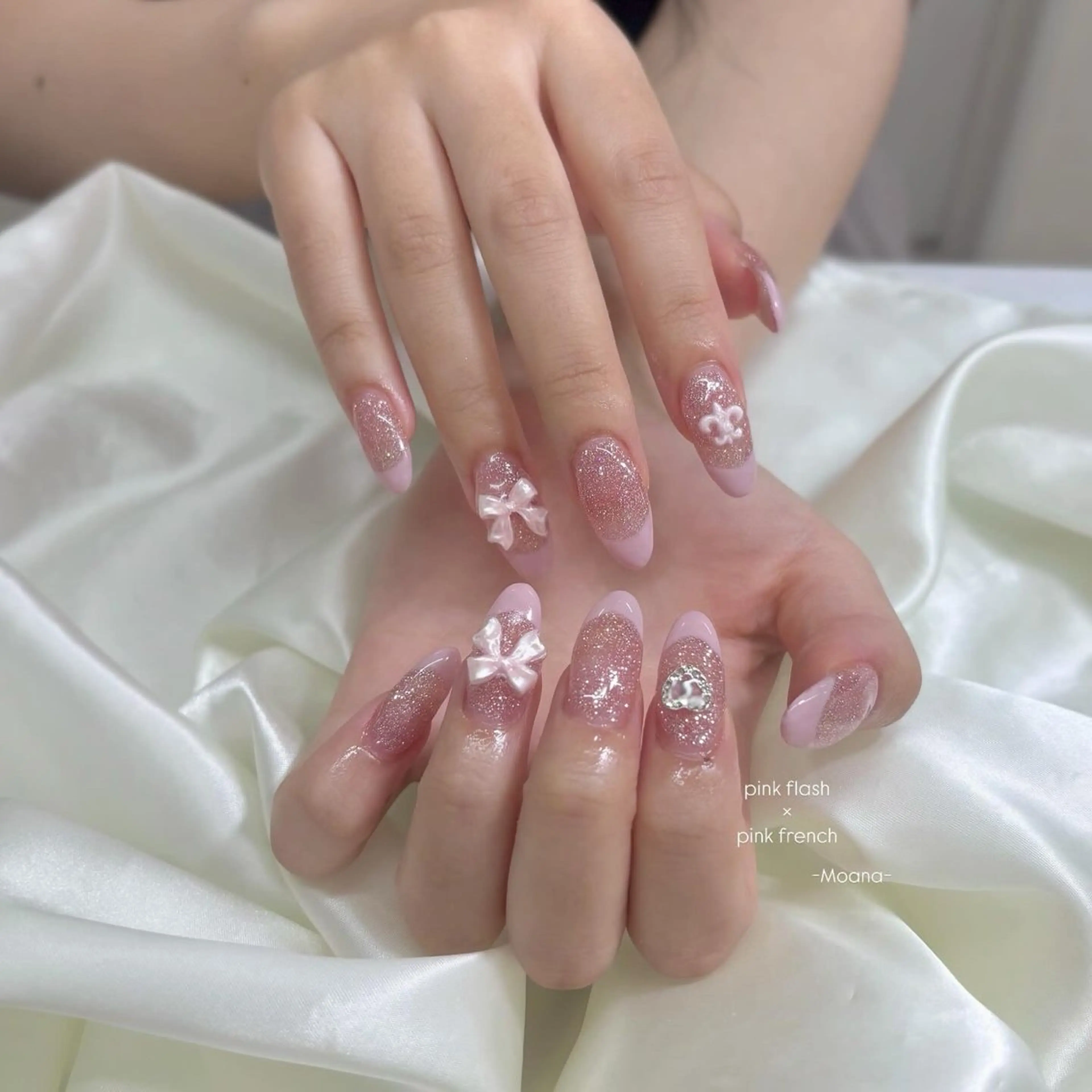 ネイル アートネイル フラッシュネイル フレンチネイル ガーリー ピンク Moana nail Hiyoriのネイルデザイン