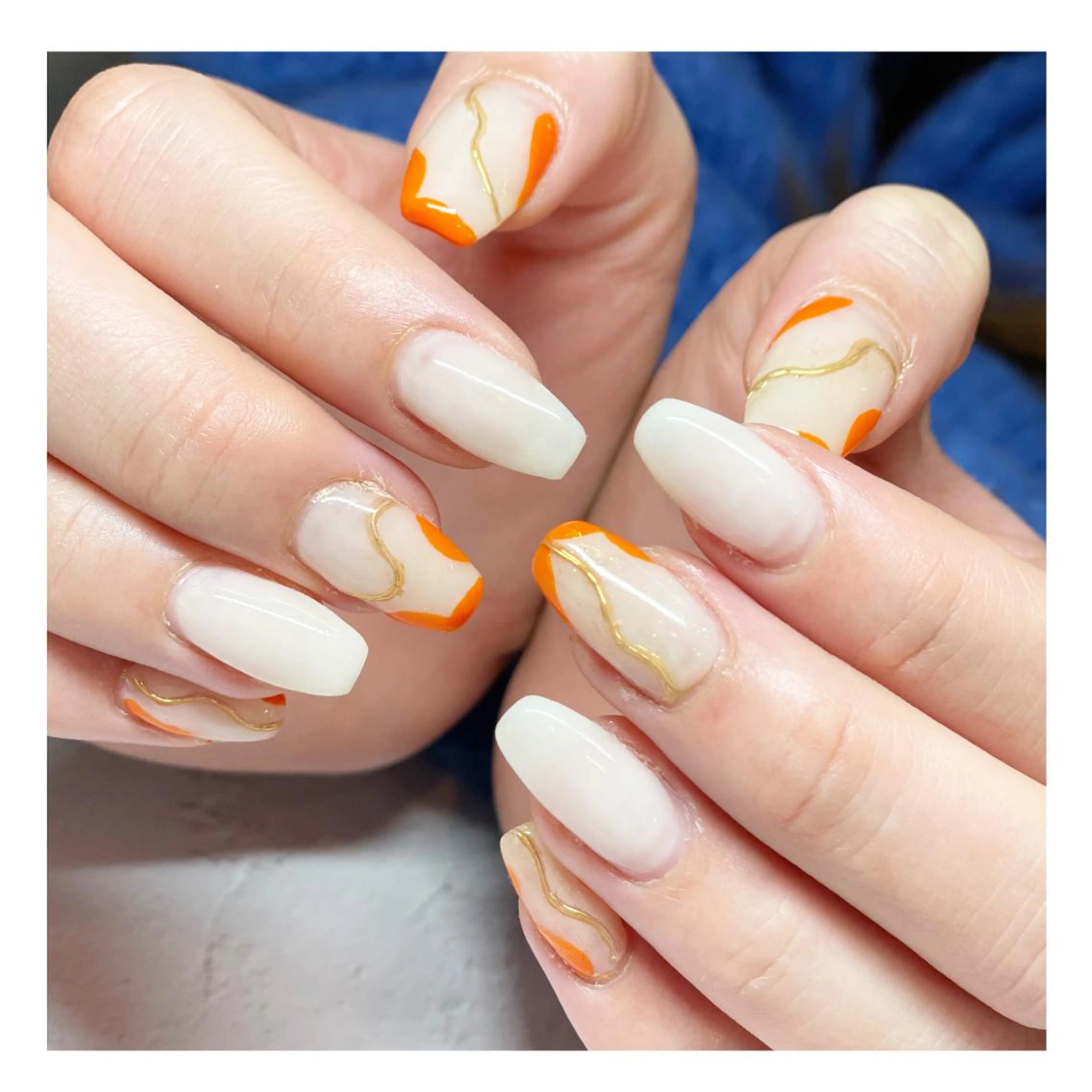 ネイル アートネイル ジェルネイル ニュアンスネイル オレンジ ホワイト ハンドネイル LaLa Peach 福岡のマツエク・マツパデザイン