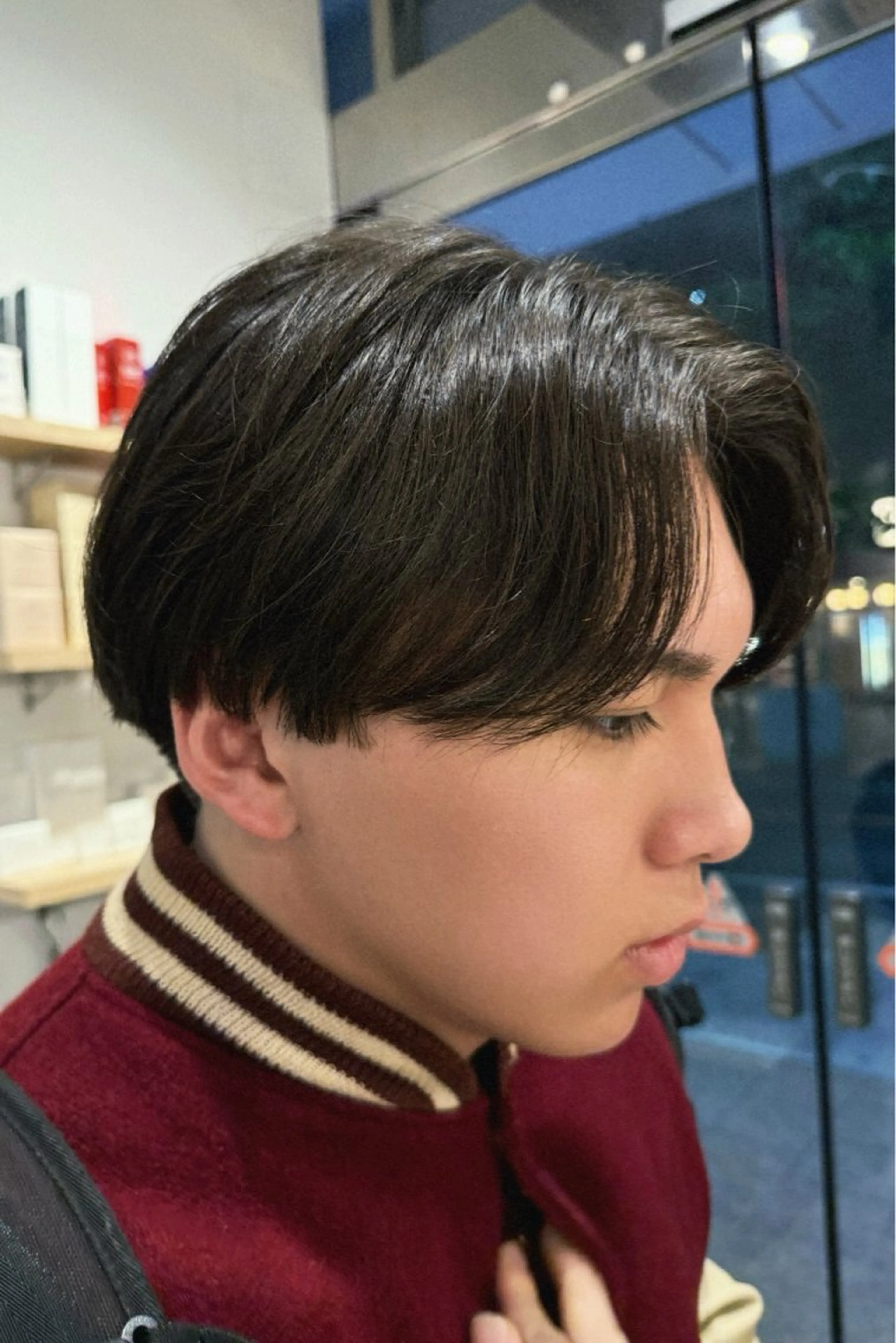 ショート メンズ センターパート ダウンパーマ フェザーパーマ メンズハイライト メンズ韓国風 藤崎百道メンズカット Zina/森井唯央のヘアスタイル