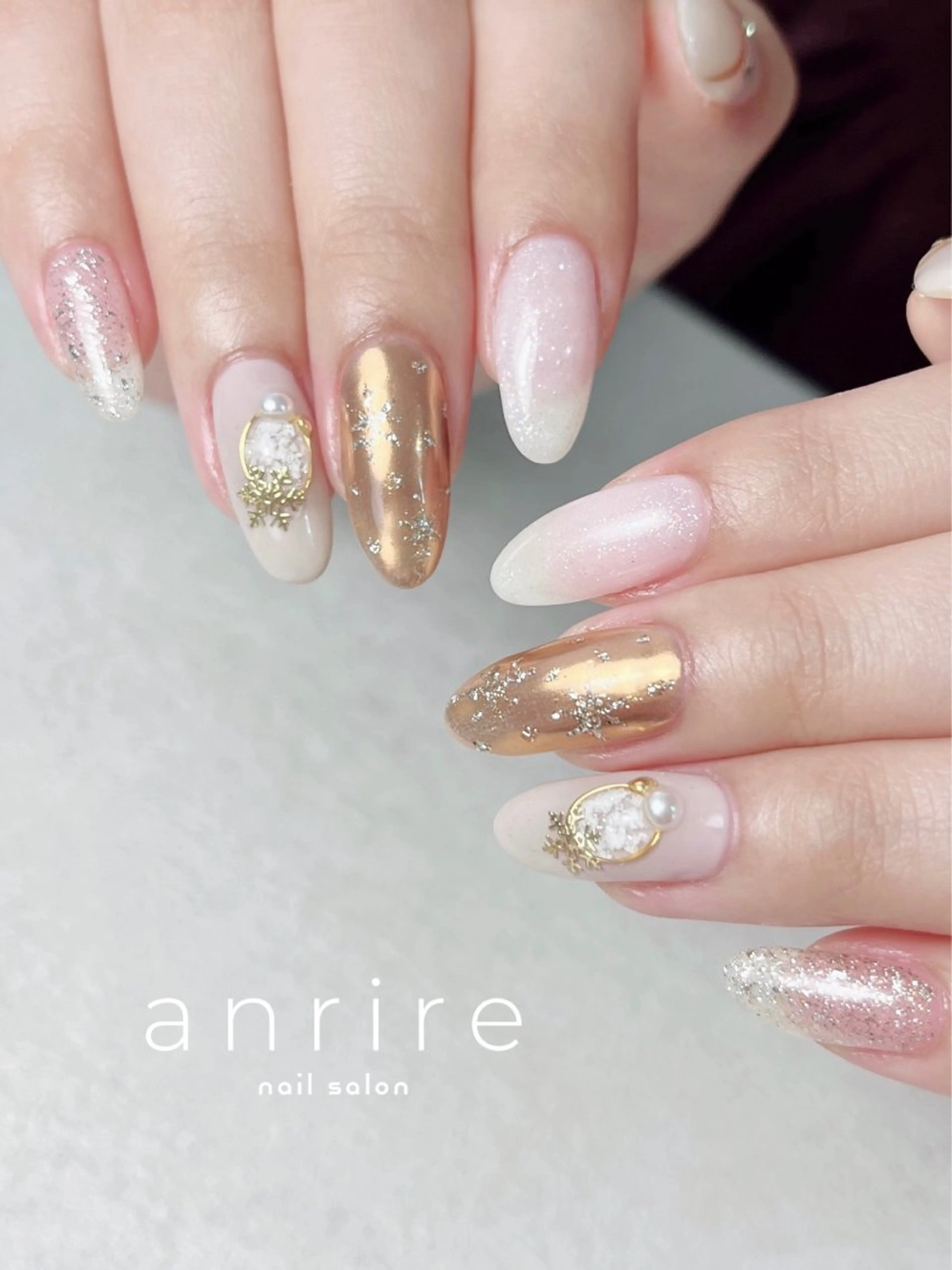 ネイル ジェルネイル ゴールド キラキラネイル ラメ(グリッター) ミラーネイル ハンドネイル nail salon anrire〜アンリール〜所属・nailsalon anrireのネイルデザイン