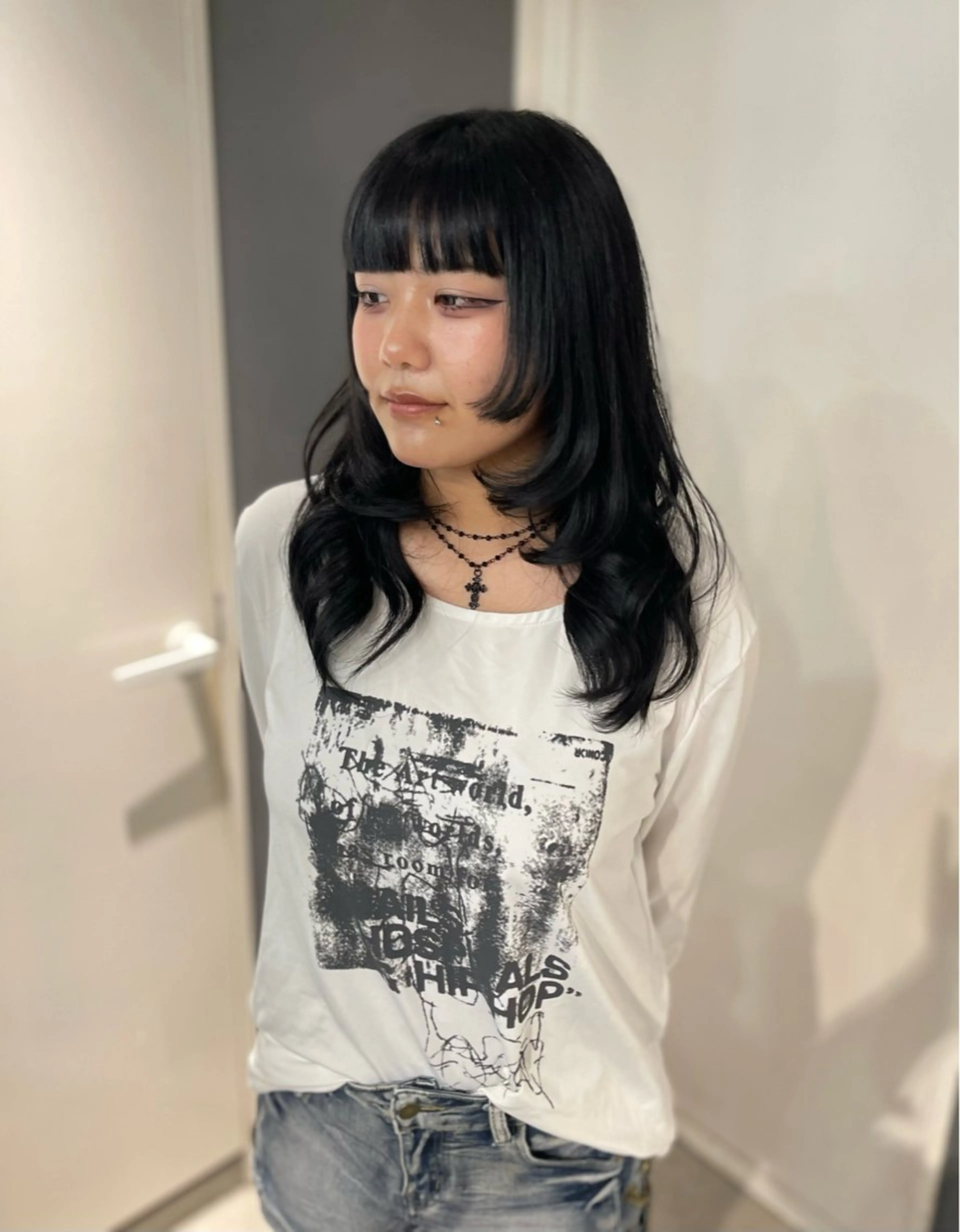 ロング カラー 黒髪 ハイレイヤー レイヤーカット カット ヘアカラー 堀江/艶髪/透明感 カラー/NENE🫧のヘアスタイル