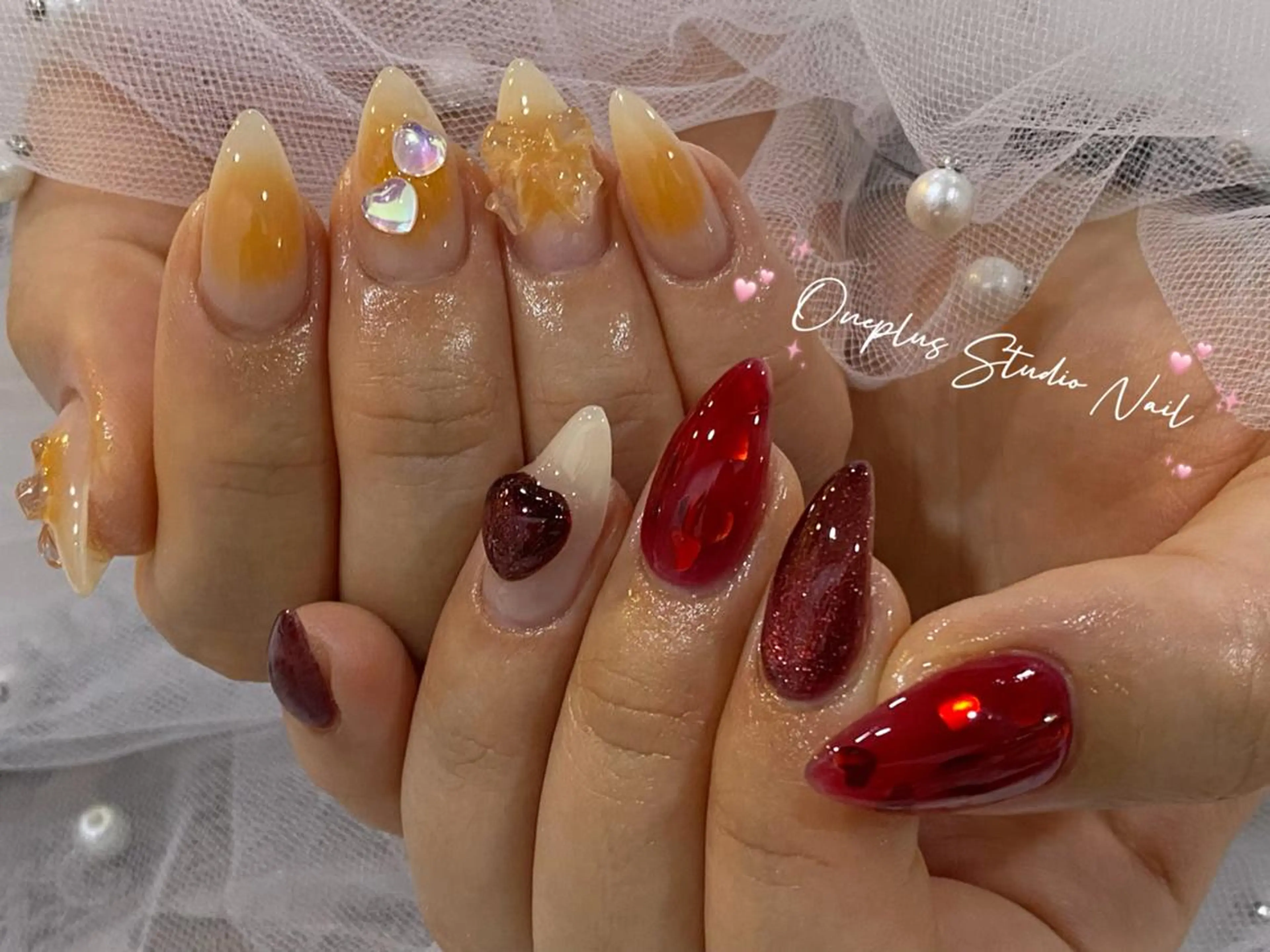 ネイル アニマル柄 ボルドー ブラウン フレンチネイル マグネットネイル One plus StudioNailのネイルデザイン