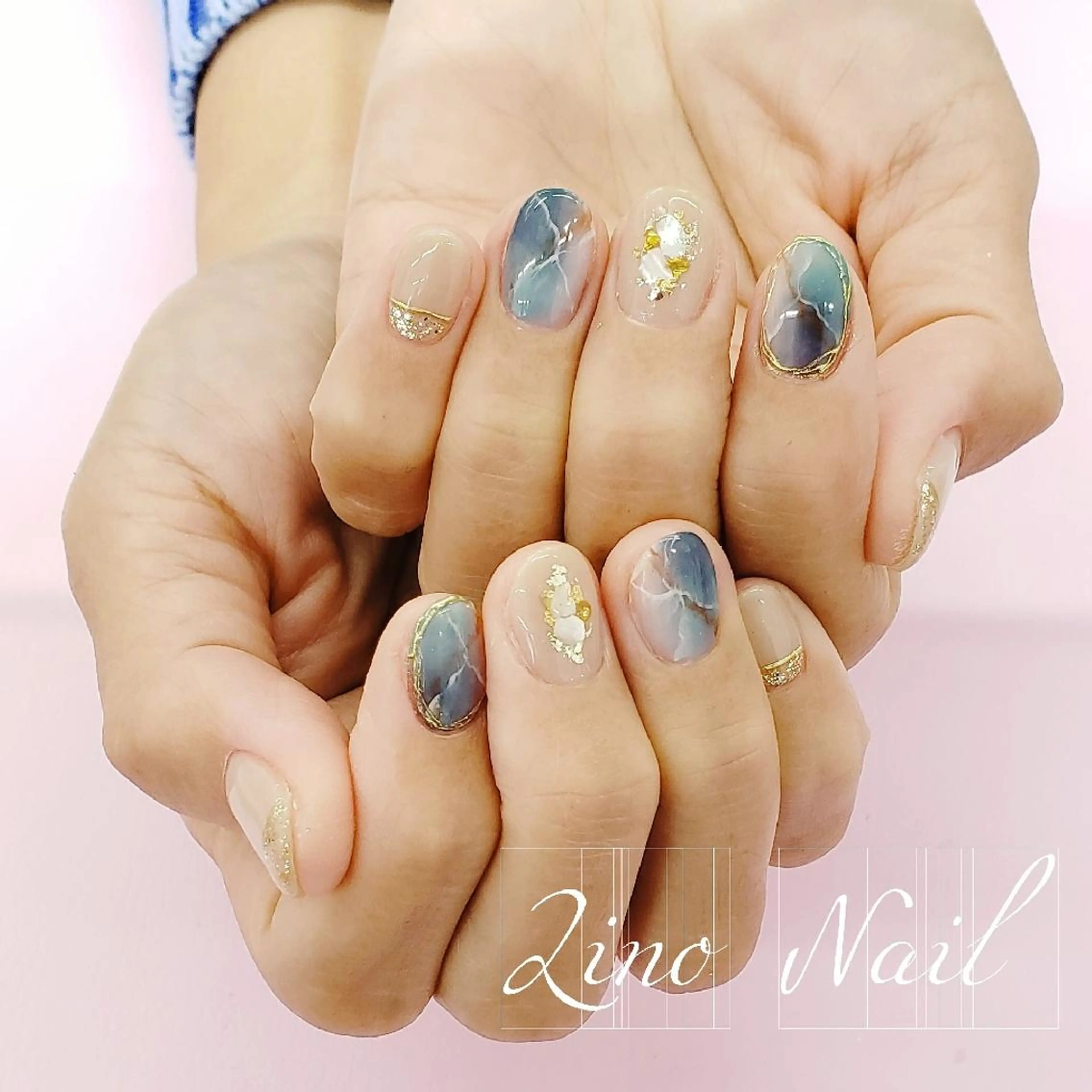 ネイル ブルー カジュアル ジェルネイル ラメ(グリッター) 大理石ネイル(マーブル) ハンドネイル Lino Nailのネイルデザイン