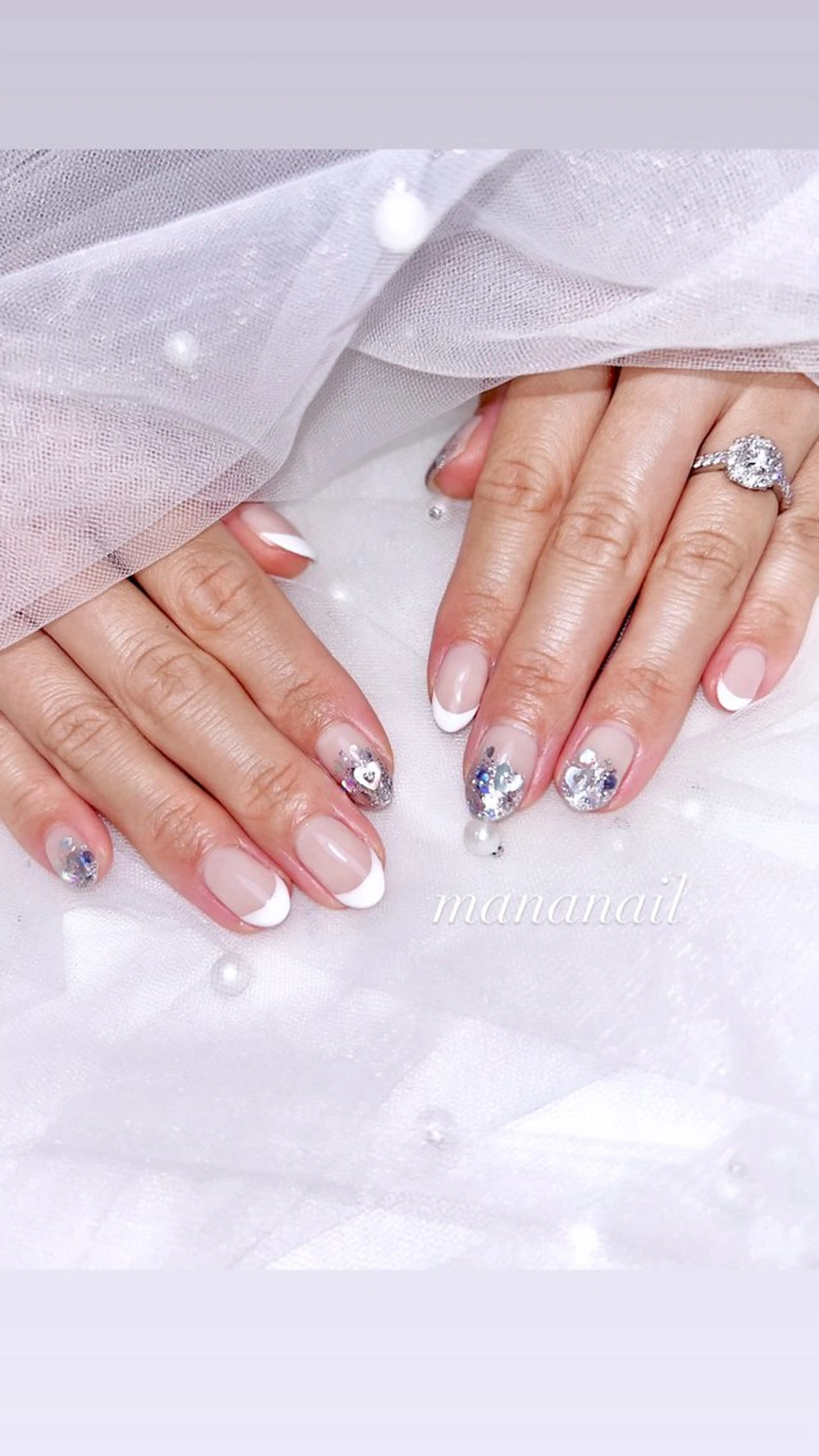 ネイル フレンチネイル ハート キラキラネイル ブライダルネイル mananail マナネイルのネイルデザイン