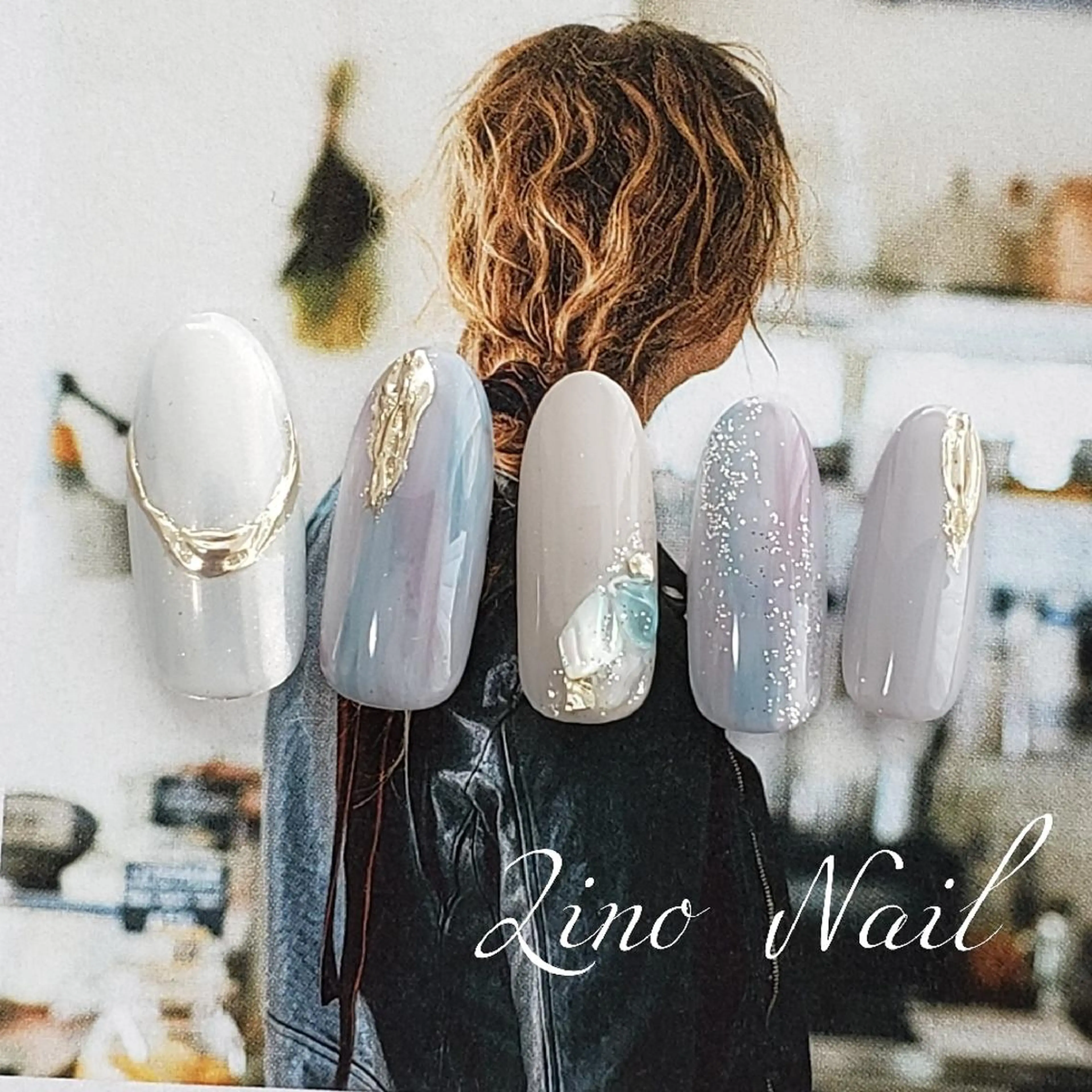 ネイル ブルー カジュアル ジェルネイル ラメ(グリッター) ミラーネイル ハンドネイル Lino Nailのネイルデザイン