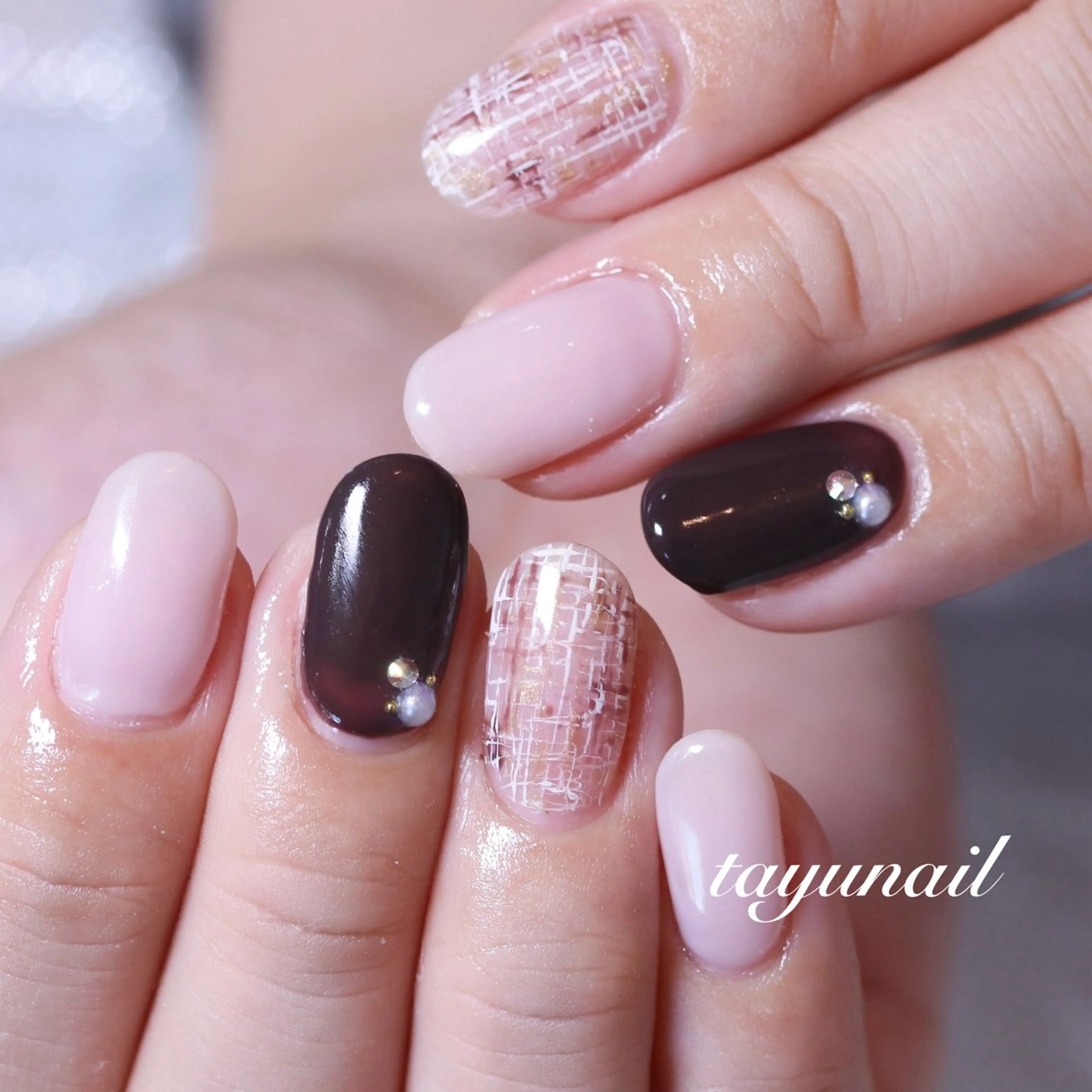 ネイル ブラウン ツイードネイル ハンドネイル ネイルサロン・ネイルスクール　たゆnail所属・ネイルサロン 【たゆnail】のネイルデザイン