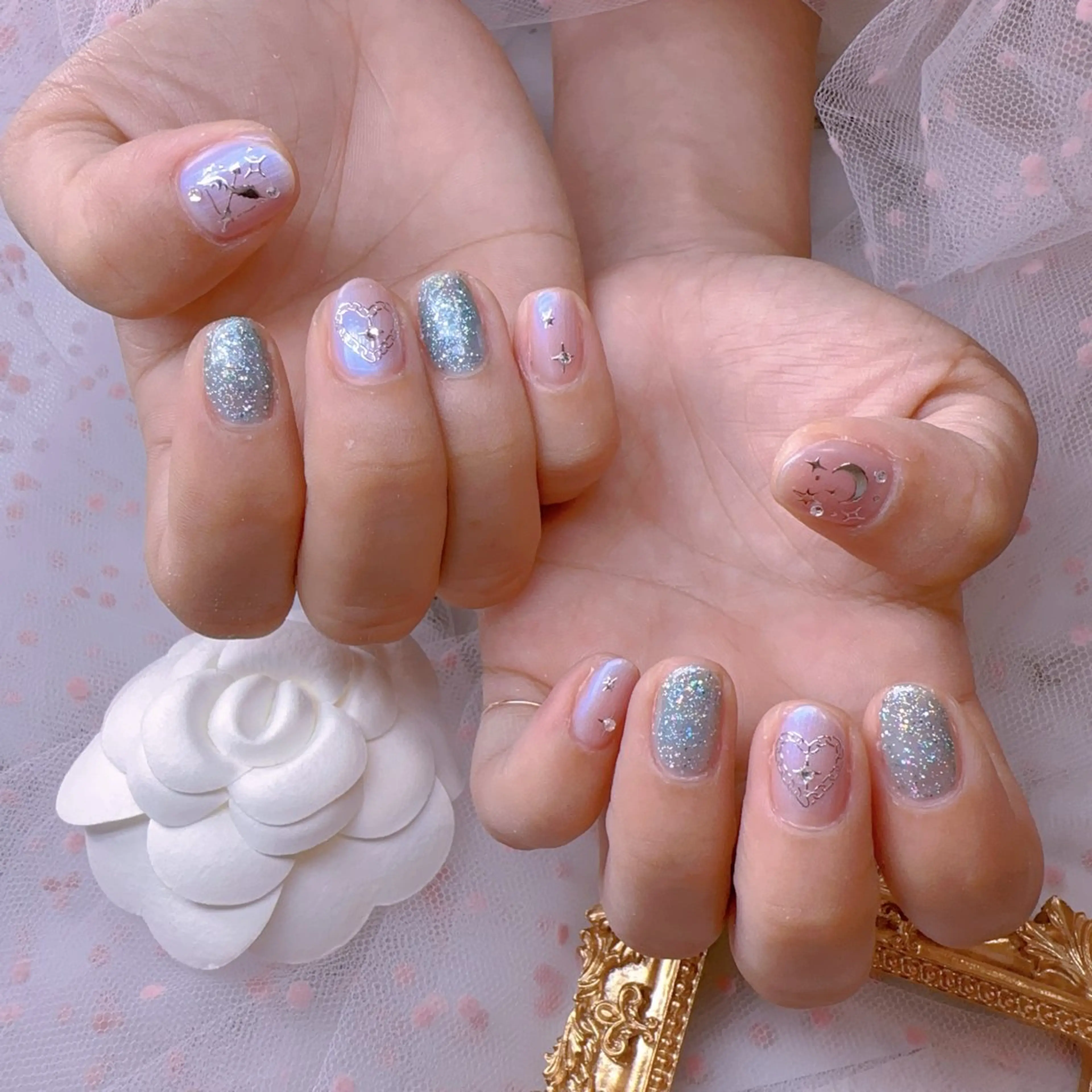 ネイル オーロラネイル フットネイル 韓国ネイル ラメ(グリッター) ラメグラデーション ハンドネイル Belle nail salon 新小岩のネイルデザイン