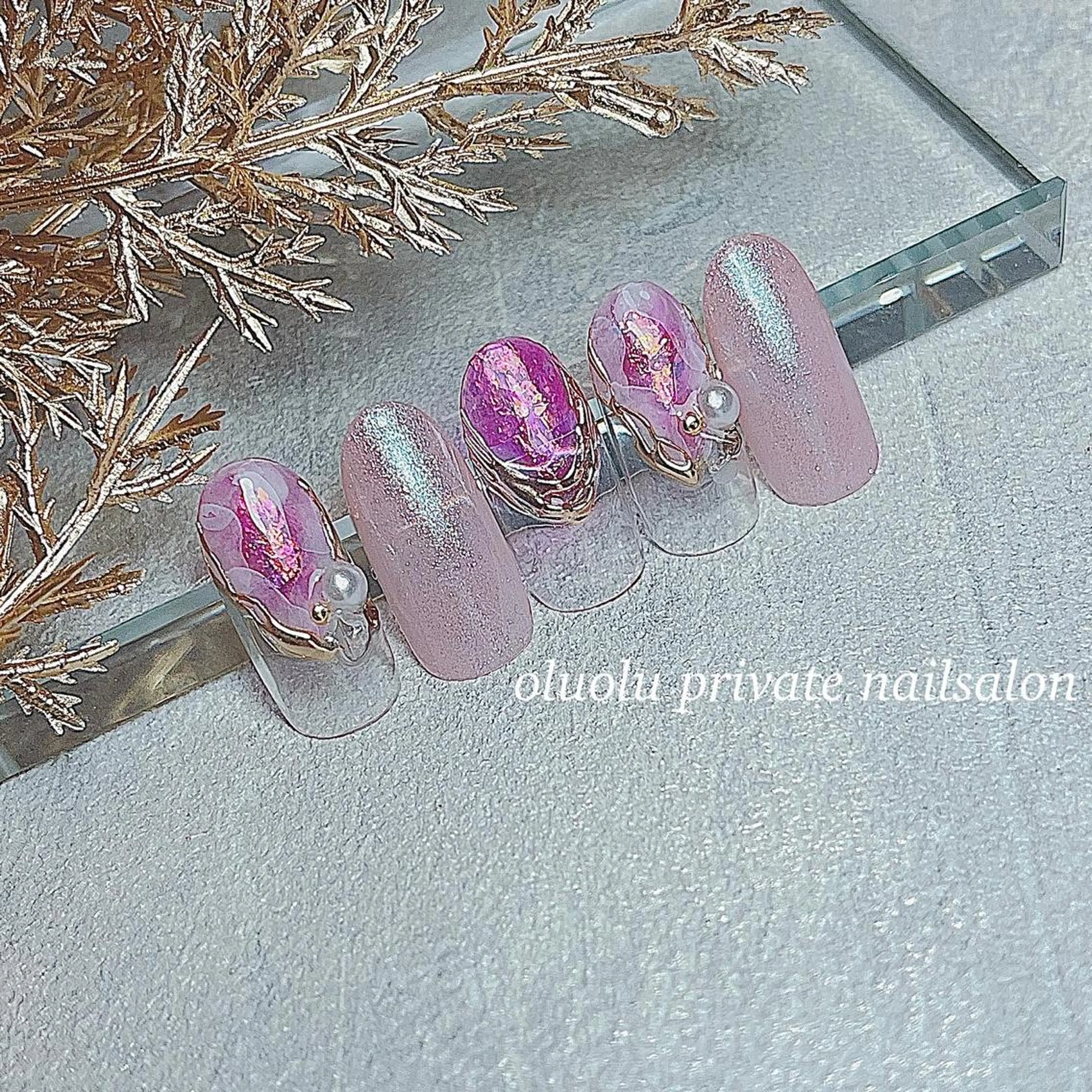 ネイル アートネイル 大理石ネイル(マーブル) ミラーネイル ニュアンスネイル ピンク ハンドネイル 大村 紬華のネイルデザイン