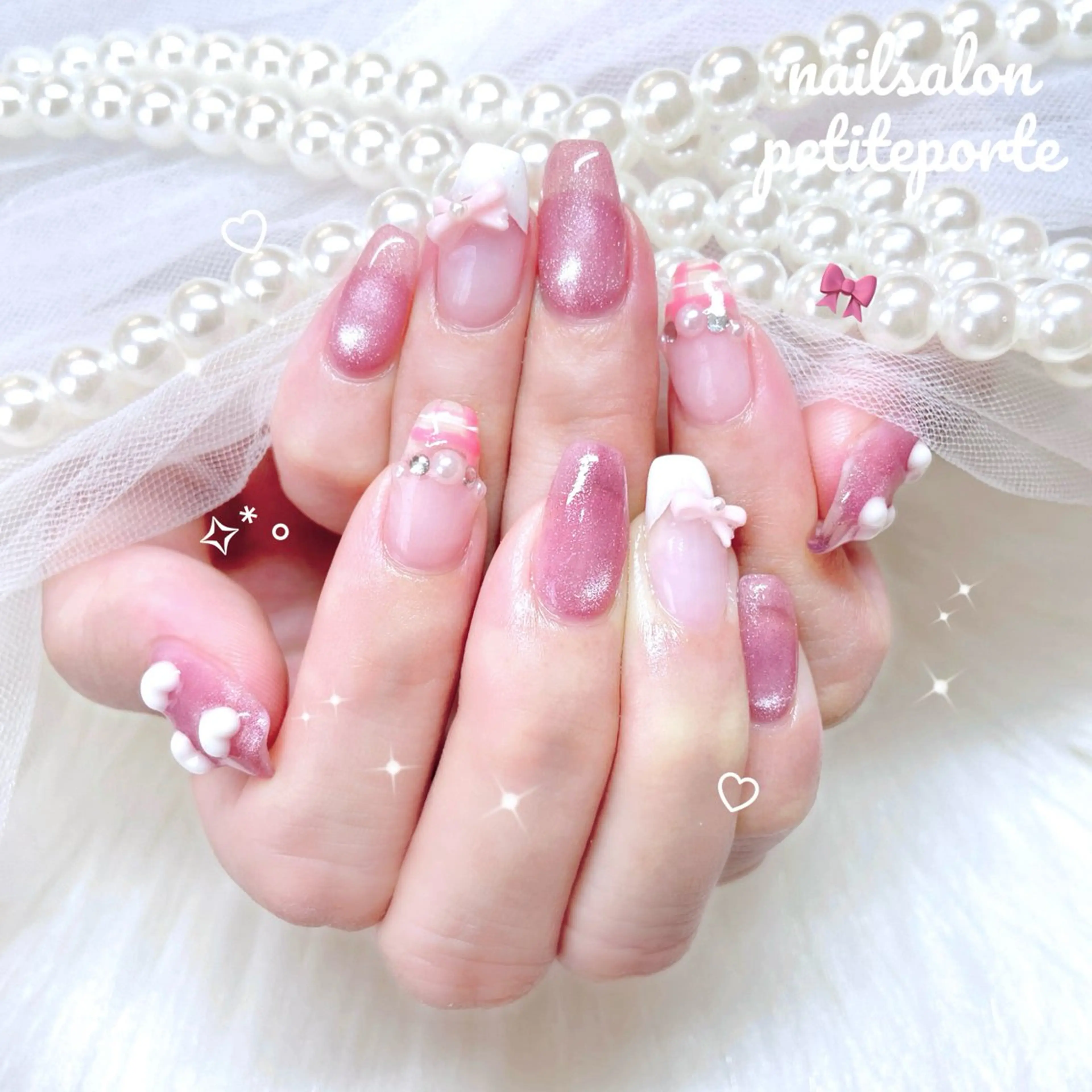 ネイル マグネットネイル ピンク リボン 春ネイル ハンドネイル nailsalon petite porte所属・petite porteのネイルデザイン