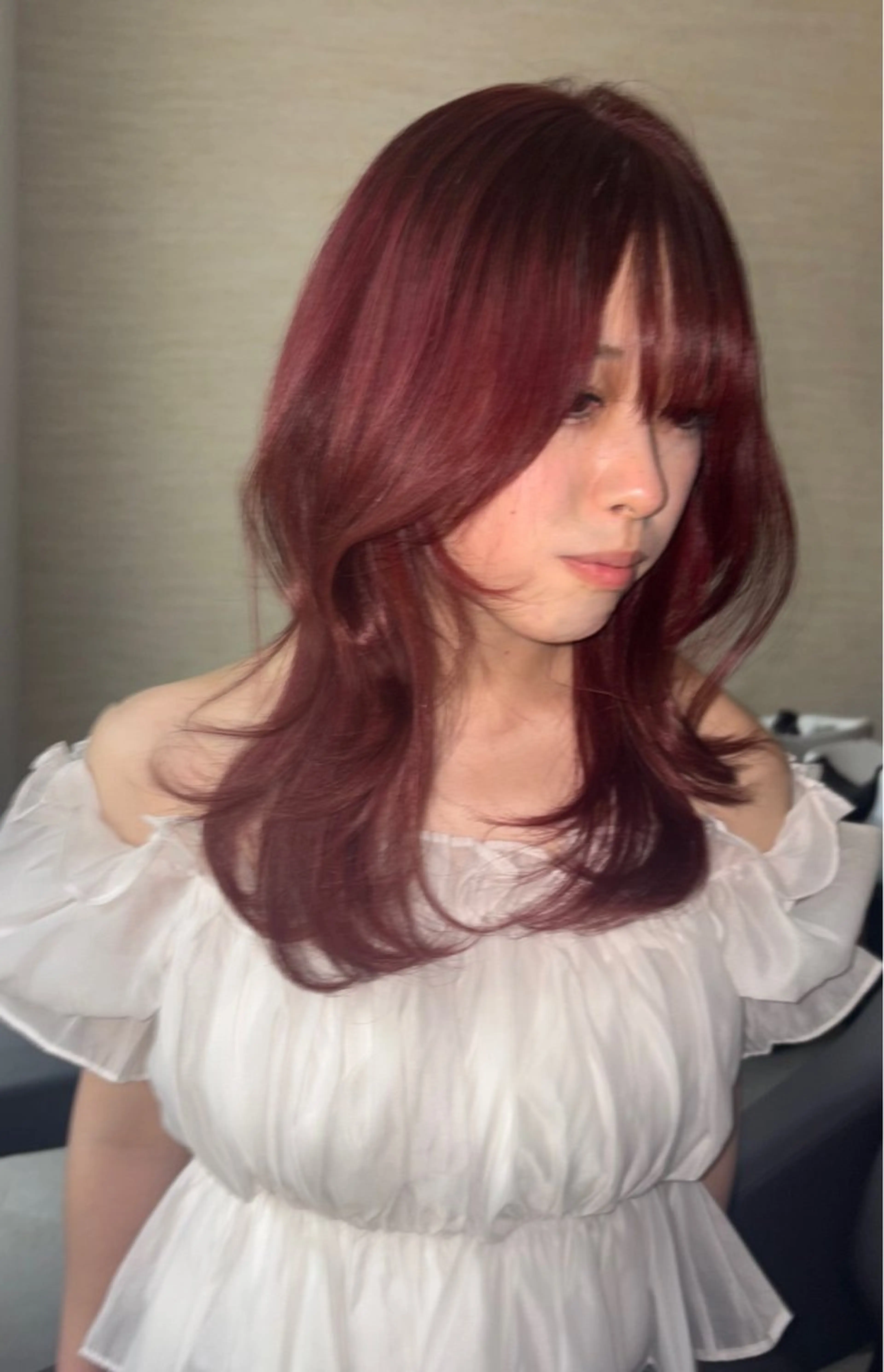 セミロング カラー レッドカラー カット ヘアカラー レイヤーカット ♥kanaのヘアスタイル