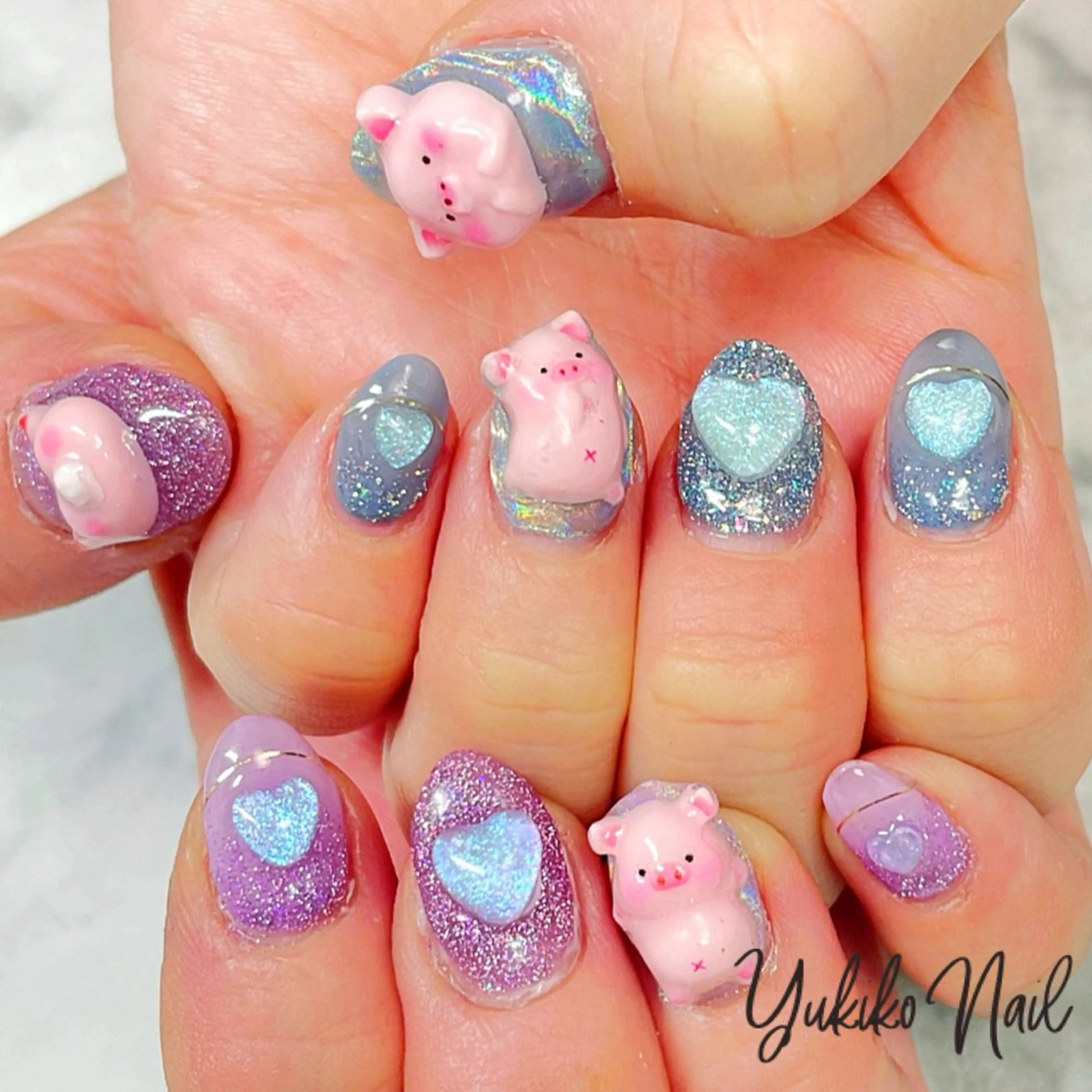 ネイル フラッシュネイル ハート キラキラネイル ハンドネイル ユキコ ネイルのネイルデザイン