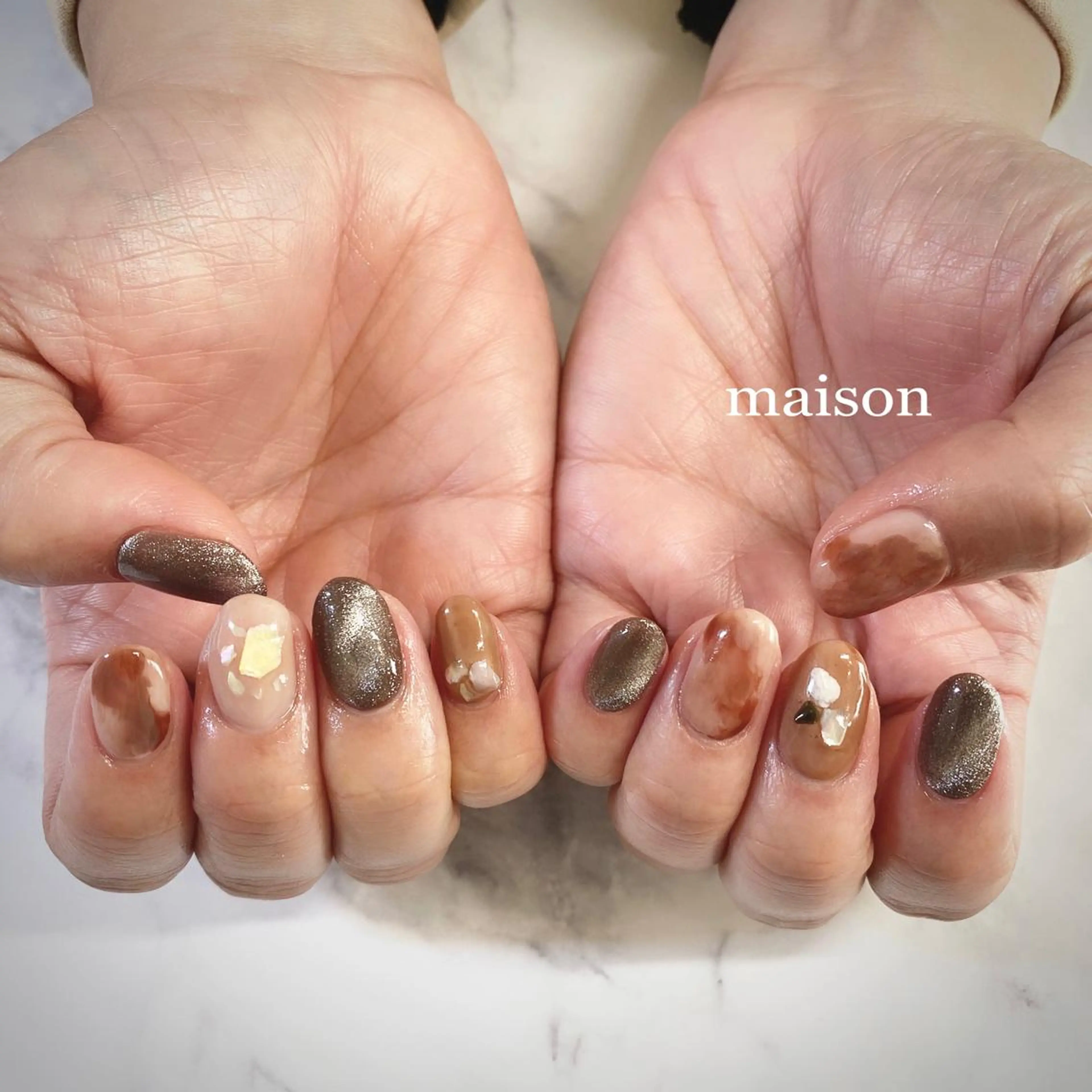 ネイル ブラウン マグネットネイル ハンドネイル ISHIHARA KANAのネイルデザイン