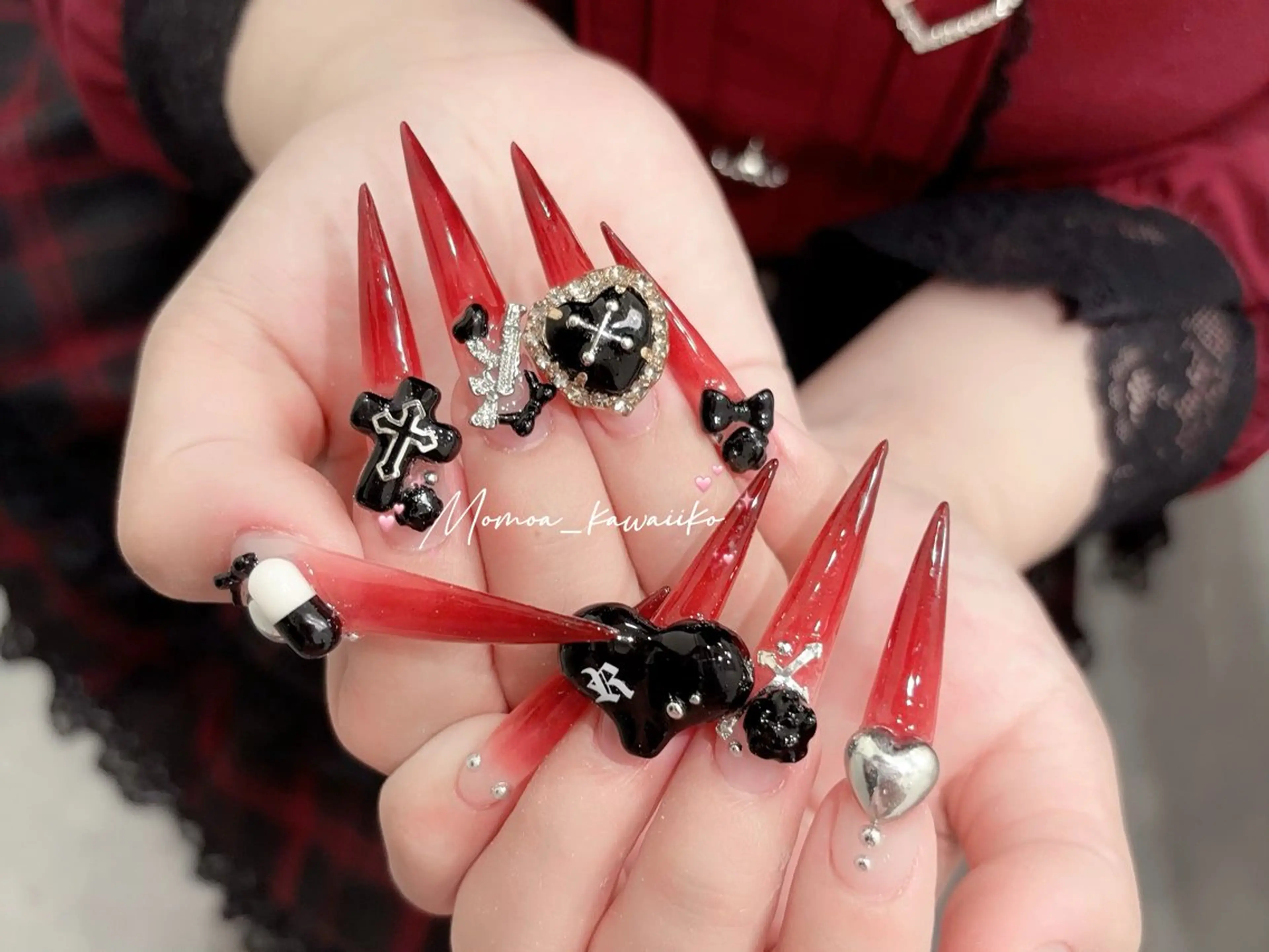 ネイル 成人式 ロングネイル マグネットネイル 大理石ネイル(マーブル) リボン ハンドネイル MoMoA Nail ネイル長さ出し専門店のネイルデザイン