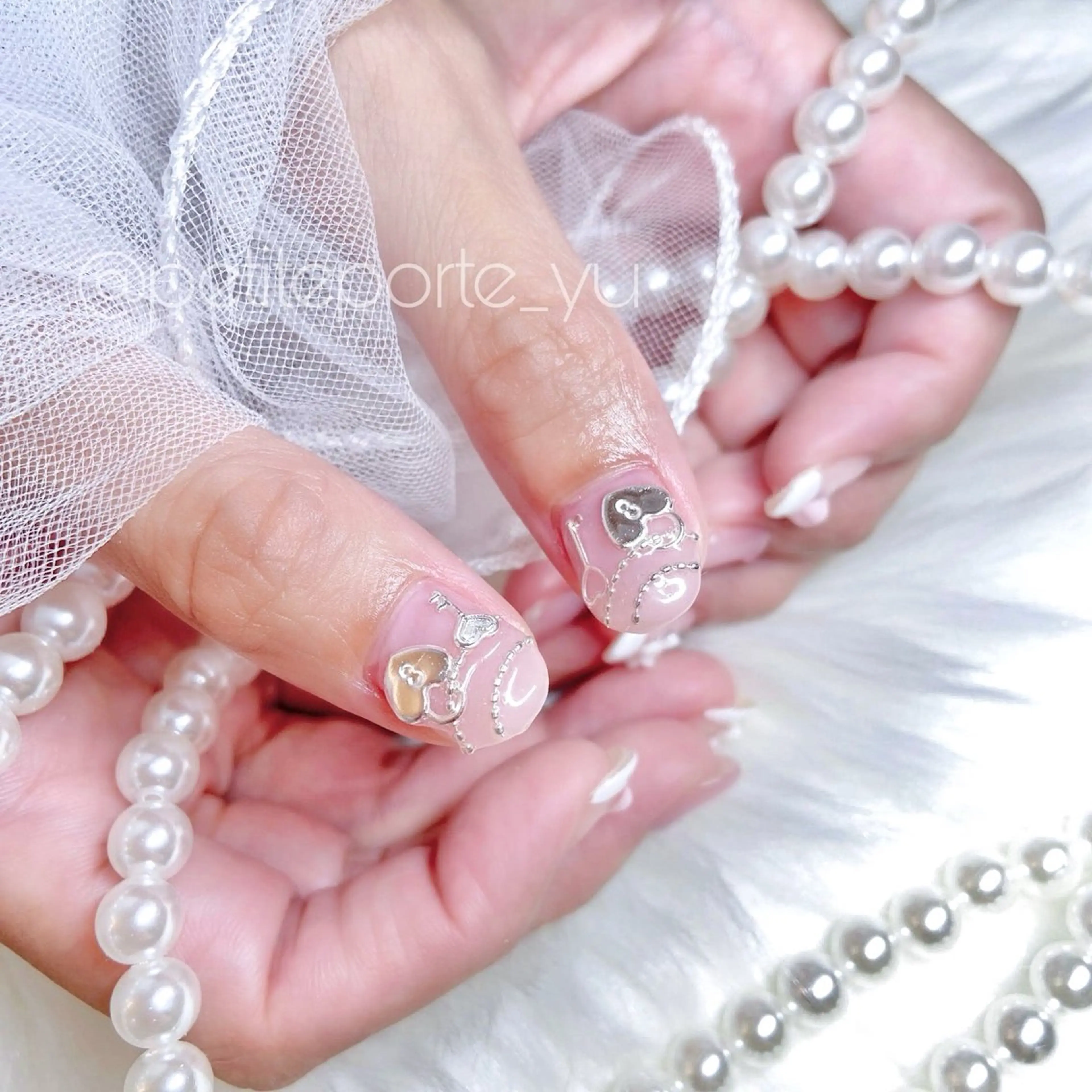 ネイル アートネイル ガーリー ハート ピンク ショートネイル ハンドネイル nailsalon petite porte所属・petite porteのネイルデザイン