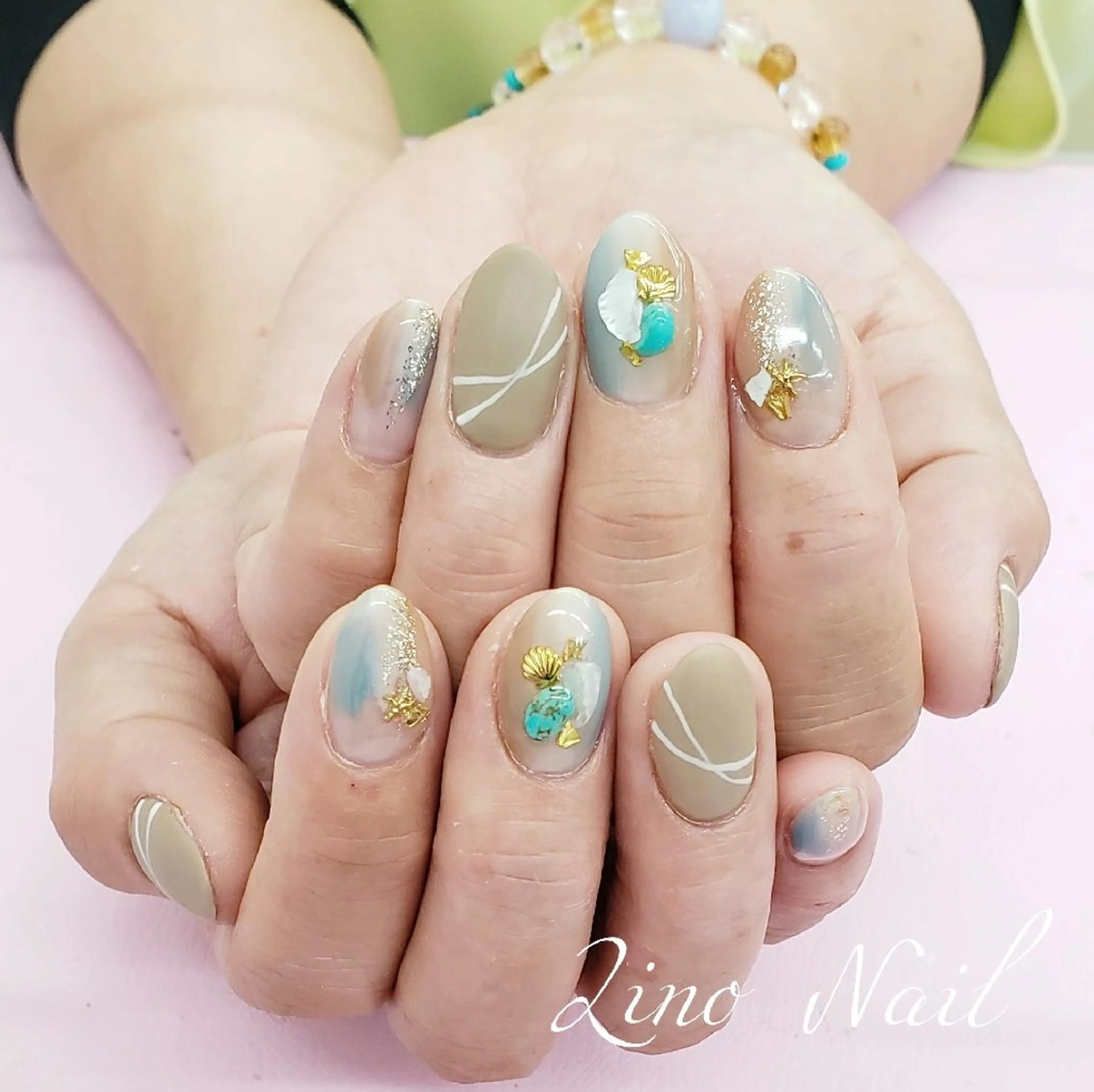 ネイル ブルー ブラウン カジュアル ジェルネイル マットネイル ハンドネイル Lino Nailのネイルデザイン