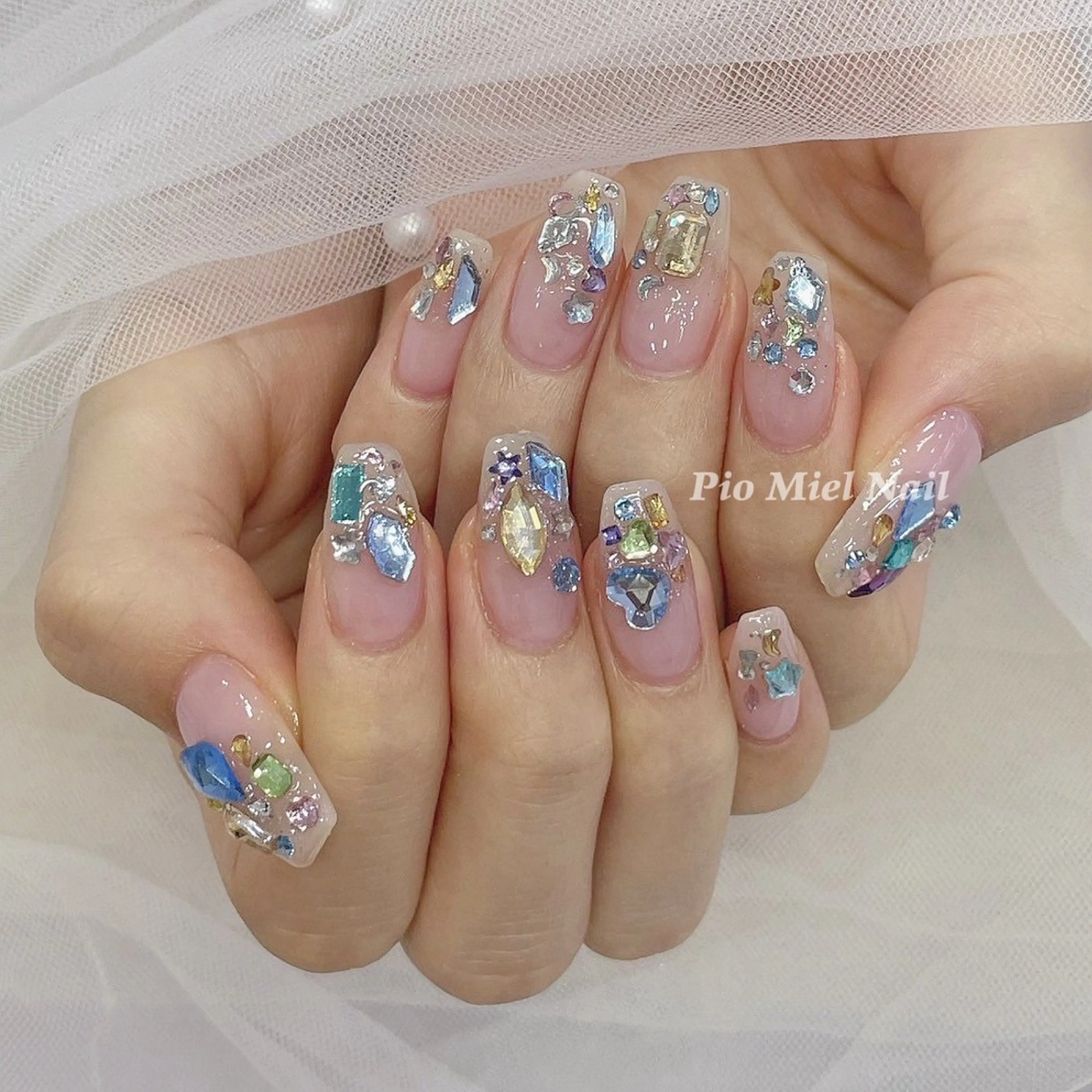 ネイル ブルー クリアネイル ゴールド ラメ(グリッター) ロングネイル ハンドネイル HANA 長さだしのネイルデザイン