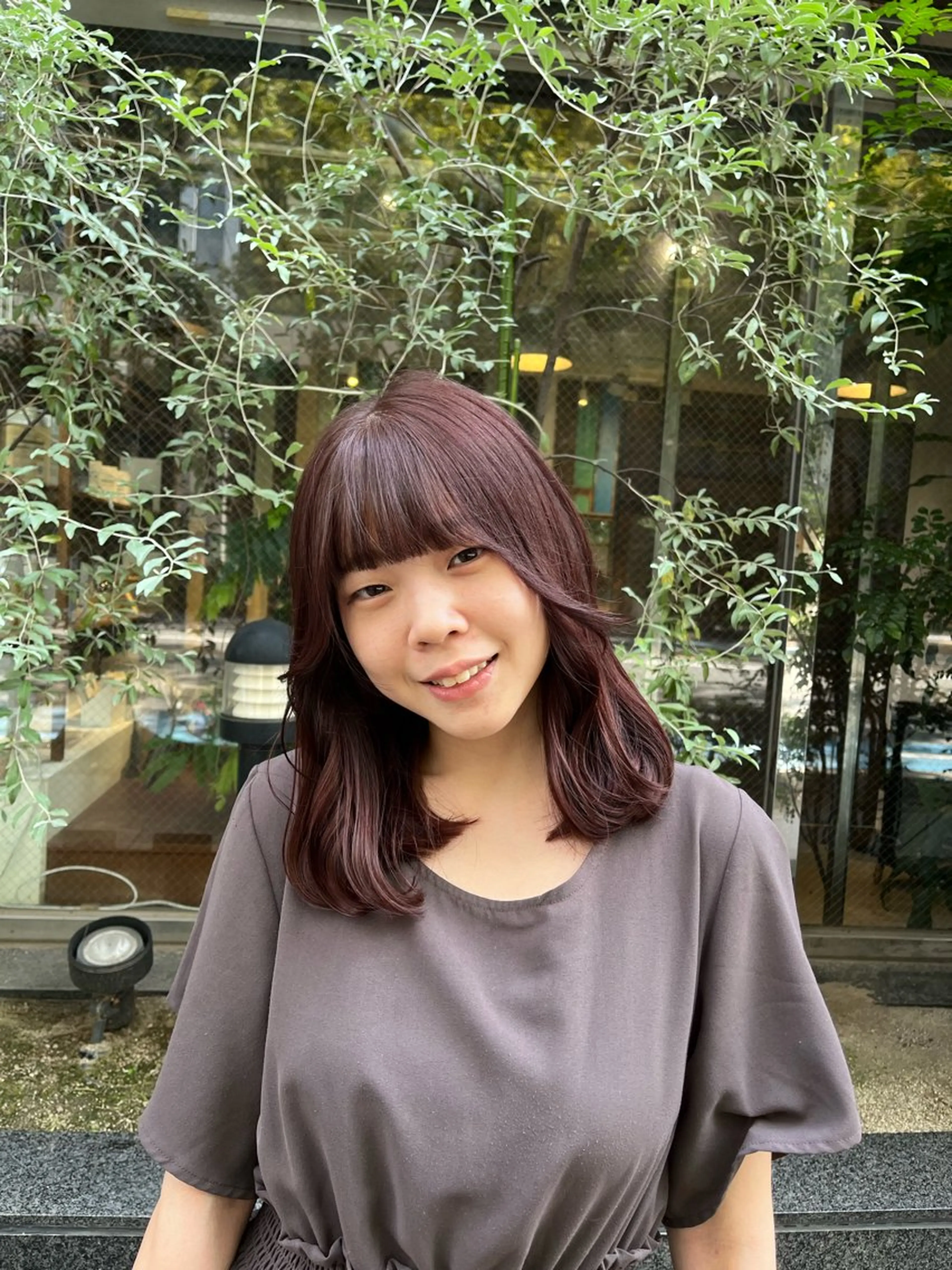 カラー ブリーチ ブリーチなしカラー ピンクカラー カット ヘアカラー えんぐちとも／透明感 カラー／博多ボブのヘアスタイル