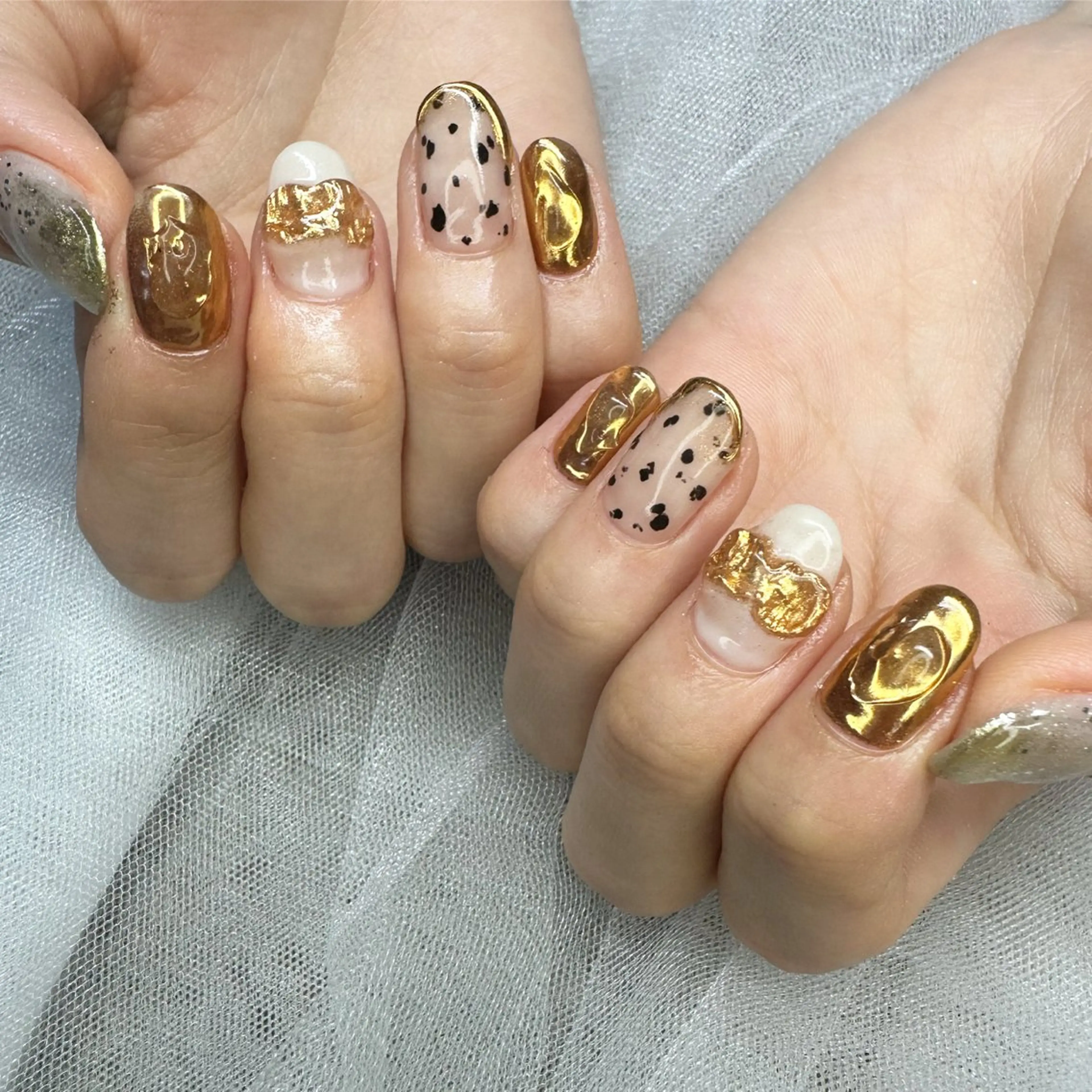 ネイル ブラウン クリアネイル ゴールド 氷ネイル・うるうるネイル 韓国ネイル 🪞KAPE NAIL 🪞のネイルデザイン